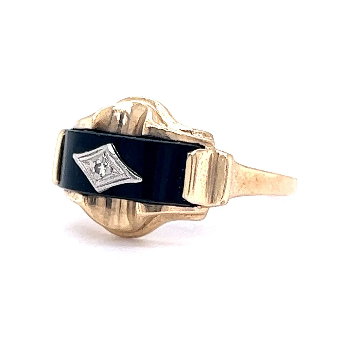 Vintage Diamond & Black Onyx Ring in 10k Yellow Gold - Image 2