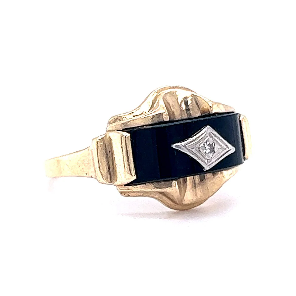 Vintage Diamond & Black Onyx Ring in 10k Yellow Gold - Image 3