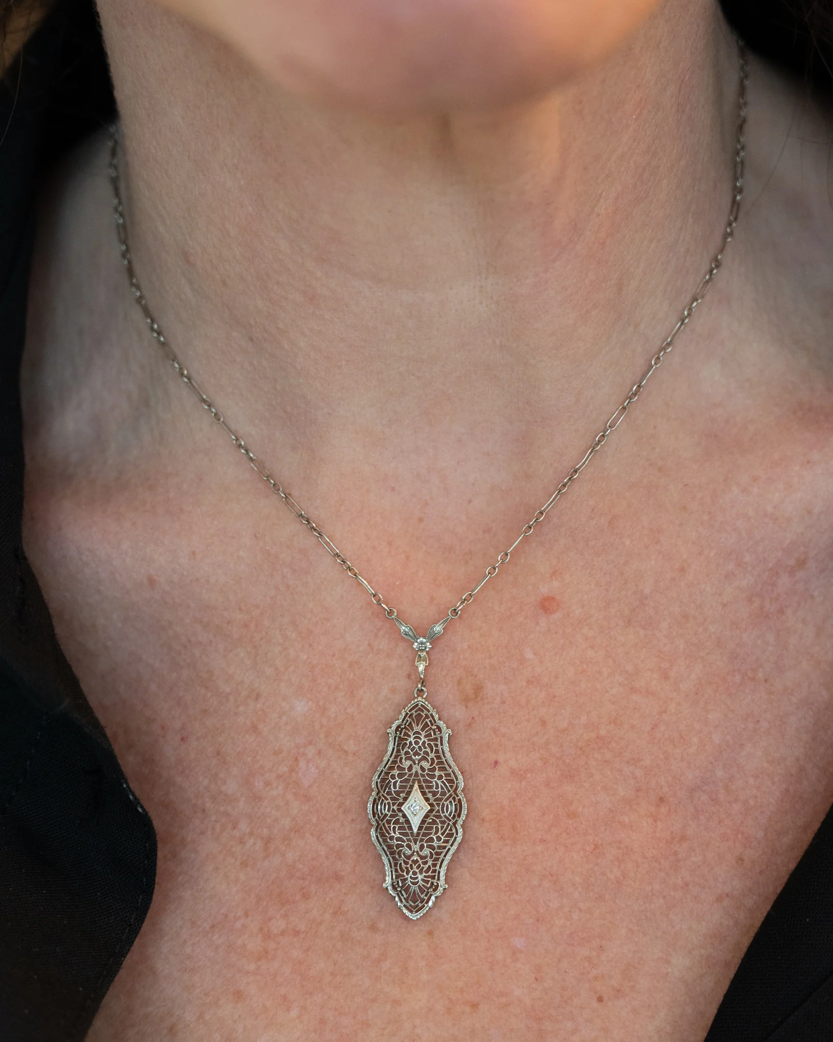 .01 Antique Deco Diamond Filigree Pendant in 10k - Image 6