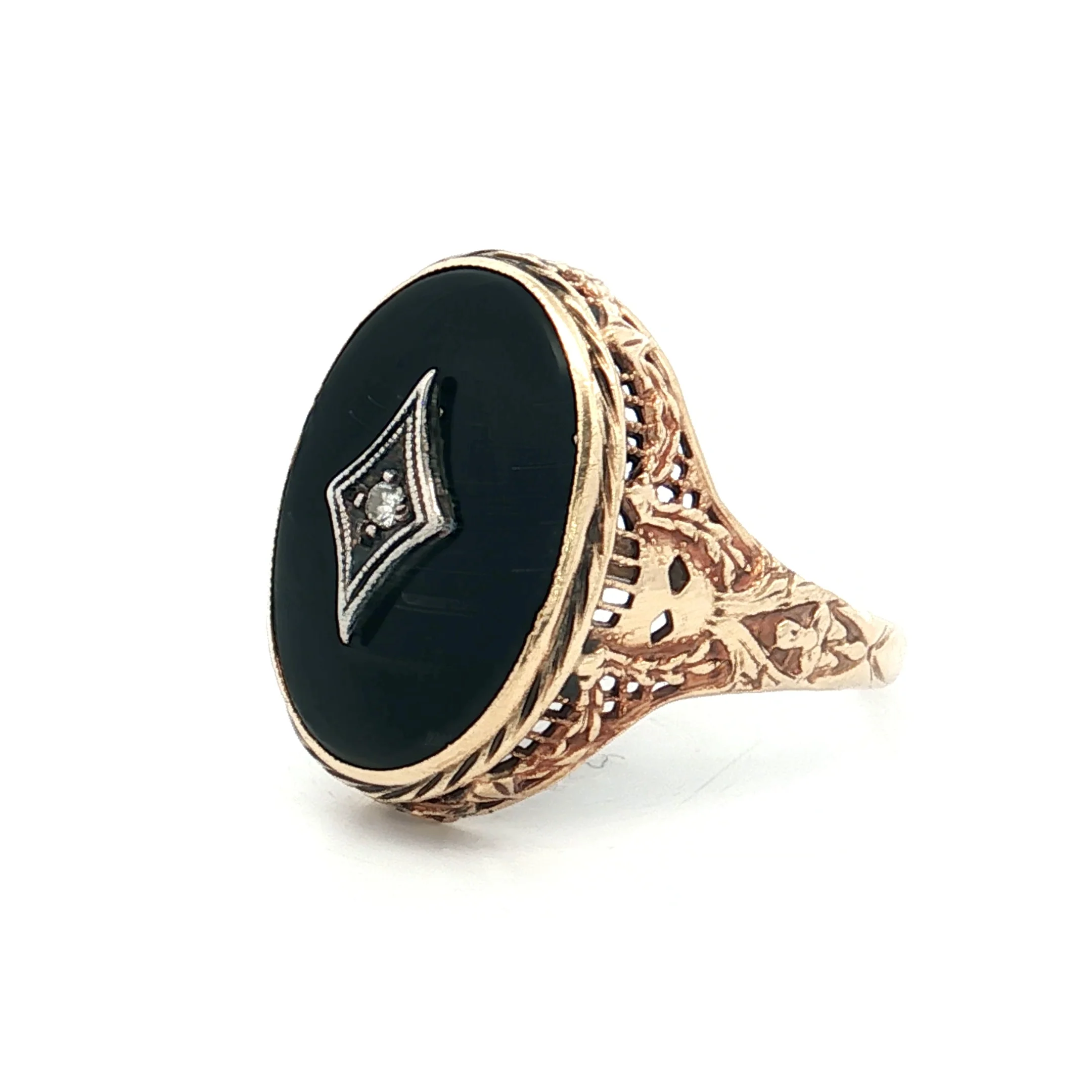 .015 Antique Diamond & Onyx Cocktail Ring 14k - Image 2