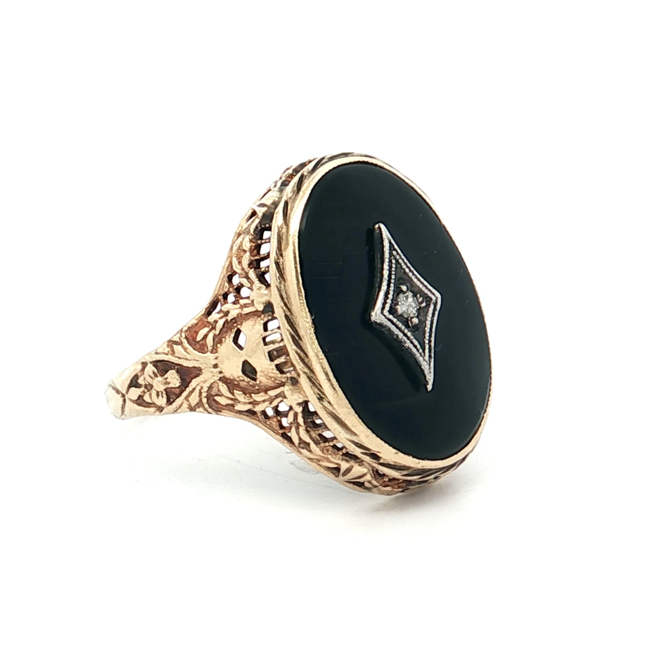 .015 Antique Diamond & Onyx Cocktail Ring 14k - Image 3