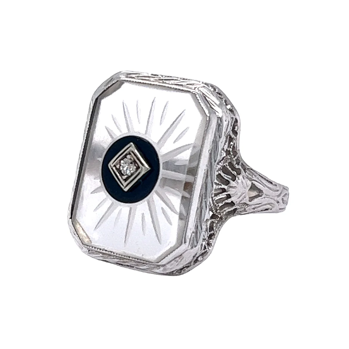 Antique Art Deco Camphor Glass Ring in 14k White Gold - Image 2