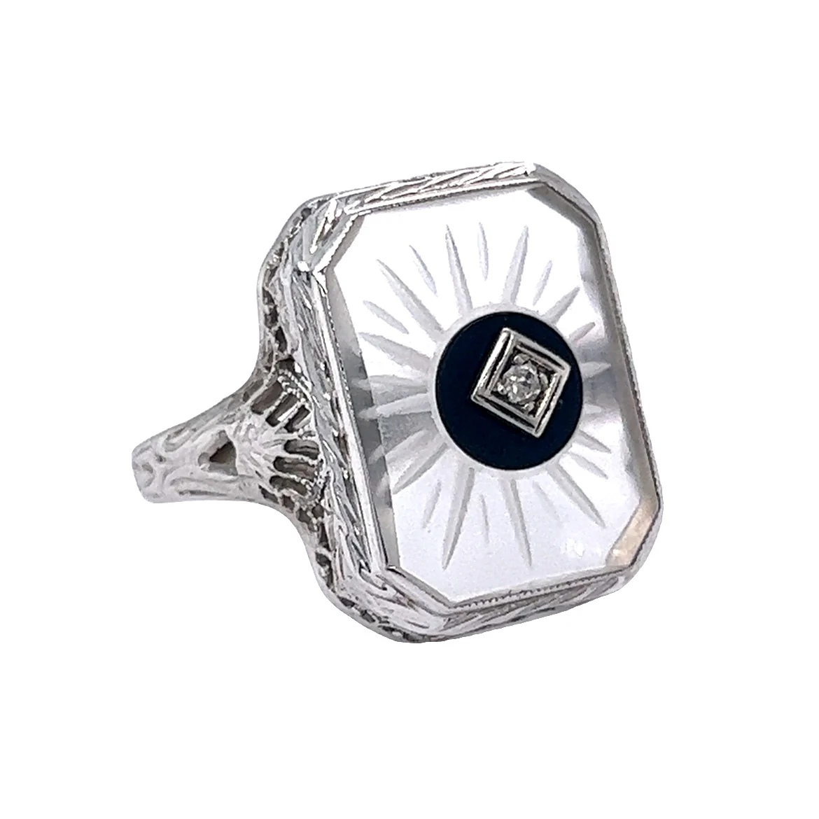 Antique Art Deco Camphor Glass Ring in 14k White Gold - Image 3