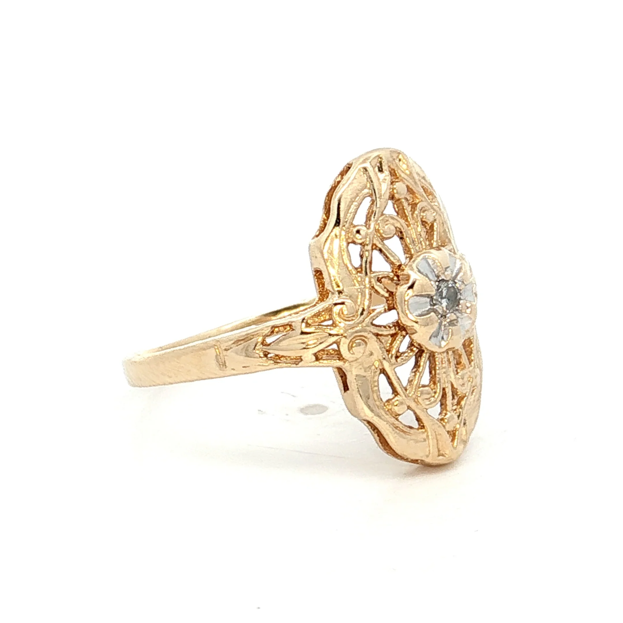 .02 Diamond Navette Filigree Ring in 14k Yellow Gold - Image 3