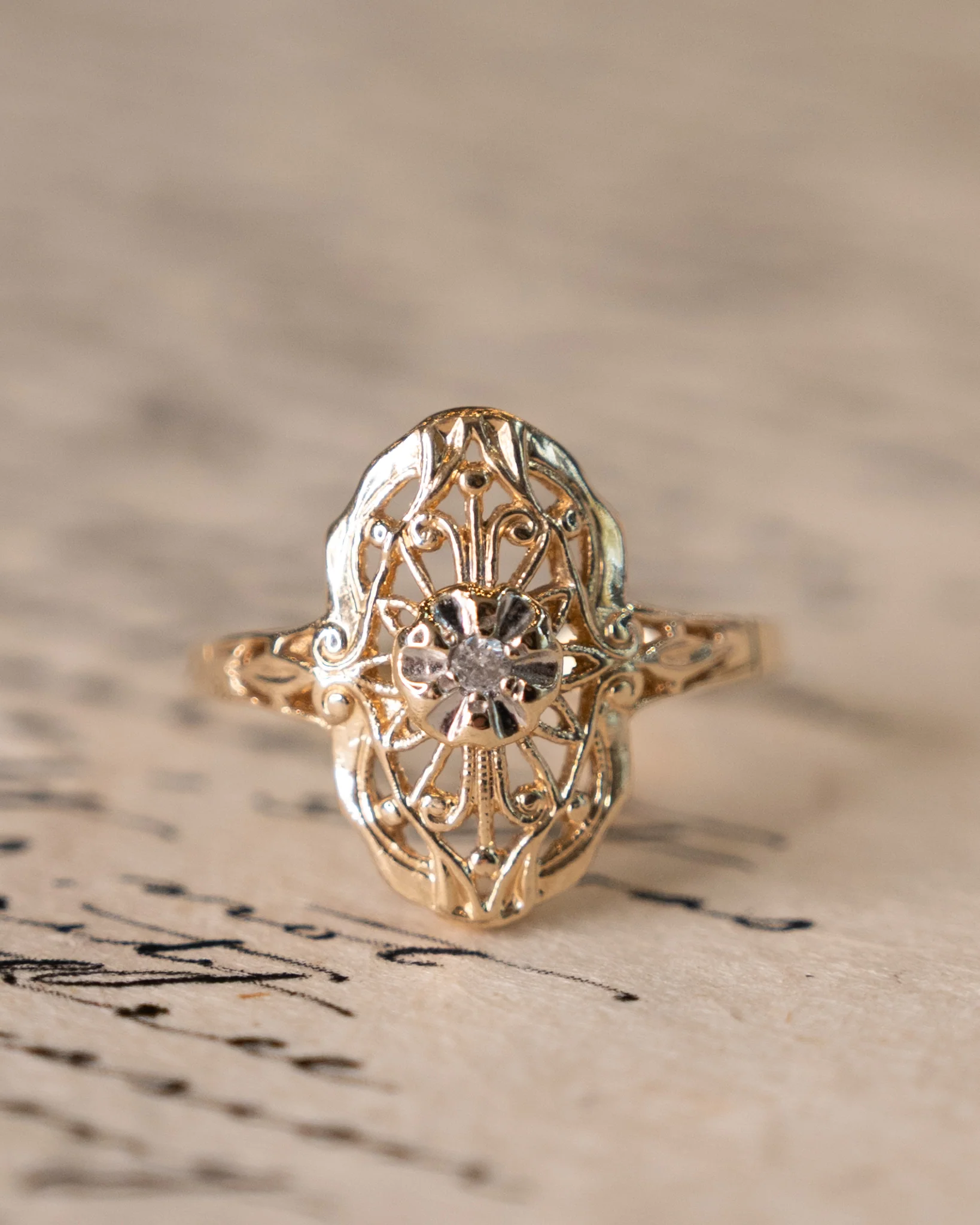 .02 Diamond Navette Filigree Ring in 14k Yellow Gold - Image 6