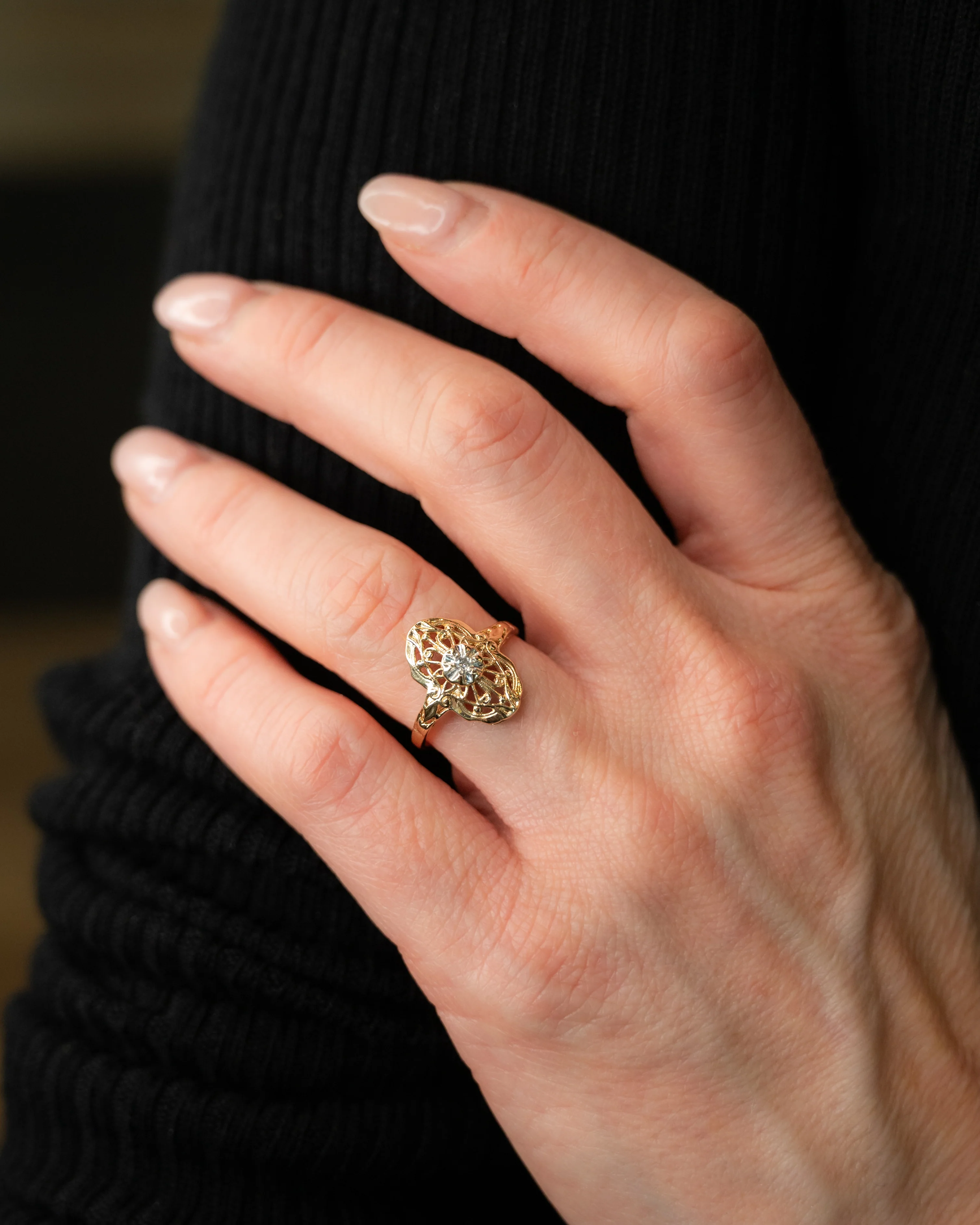 .02 Diamond Navette Filigree Ring in 14k Yellow Gold - Image 7