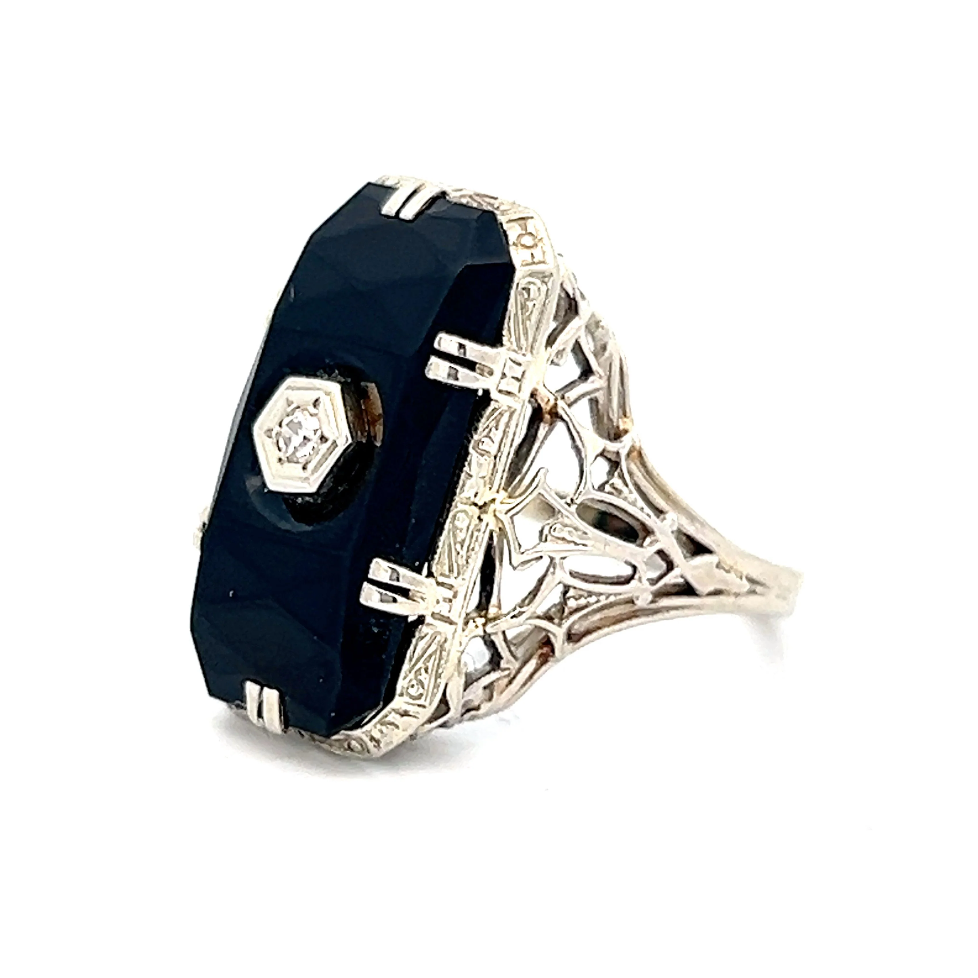 Vintage Art Deco Diamond & Onyx Cocktail Ring in 18k - Image 2