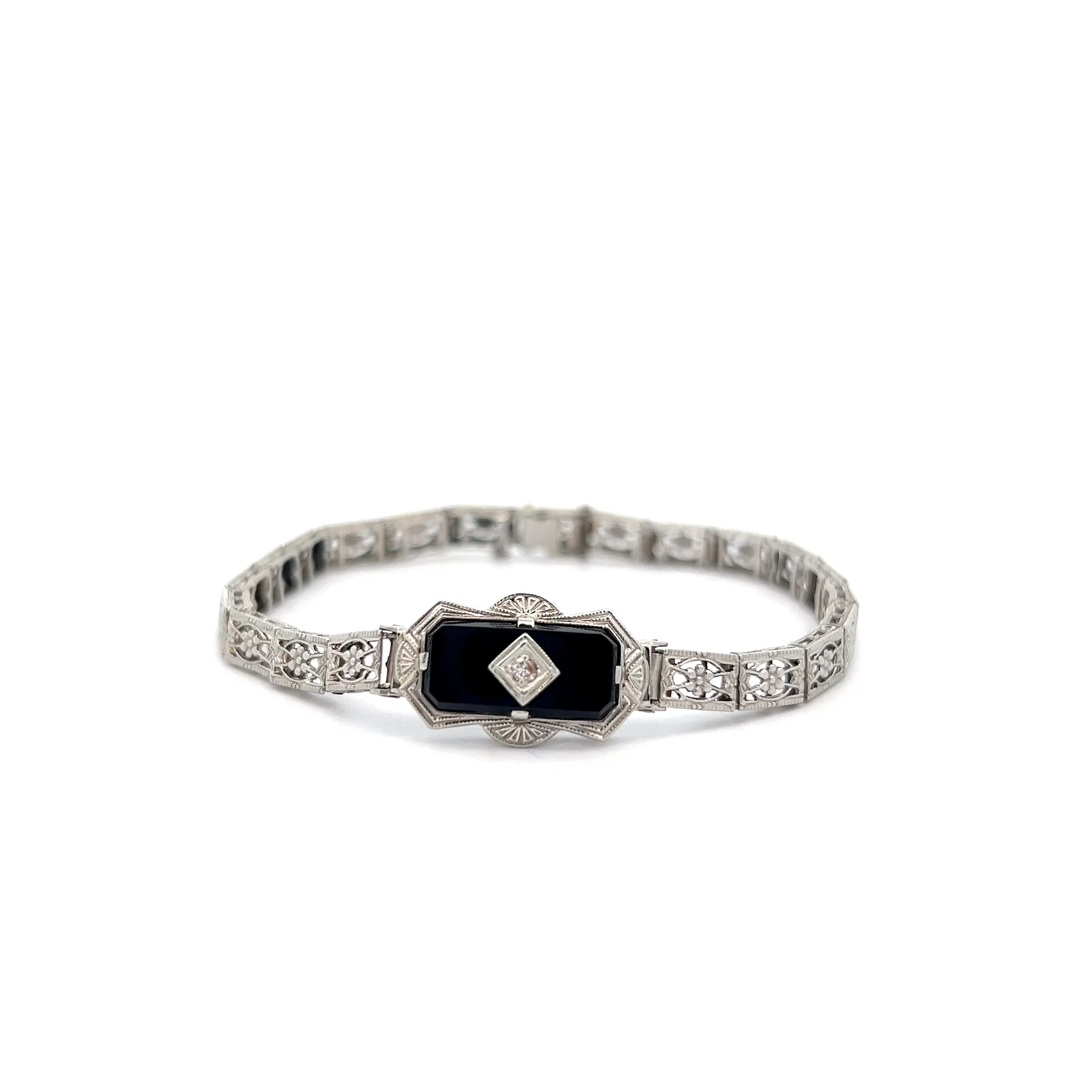 .03 Art Deco Diamond & Onyx Filigree Bracelet in 10k