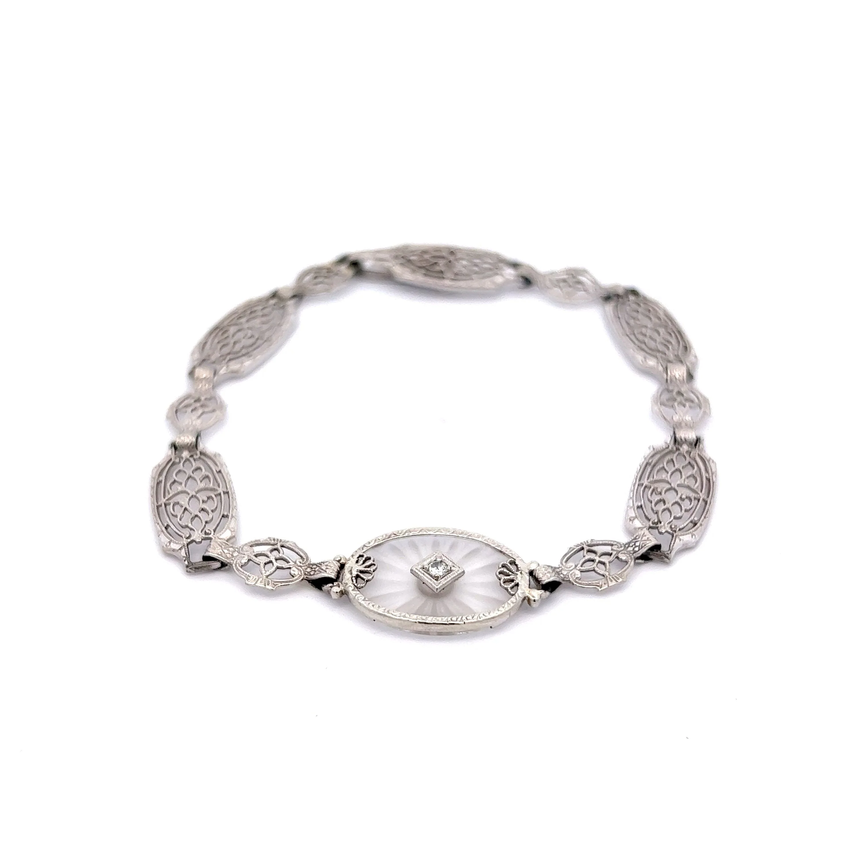 Vintage Camphor Glass & Diamond Bracelet in 14k White Gold