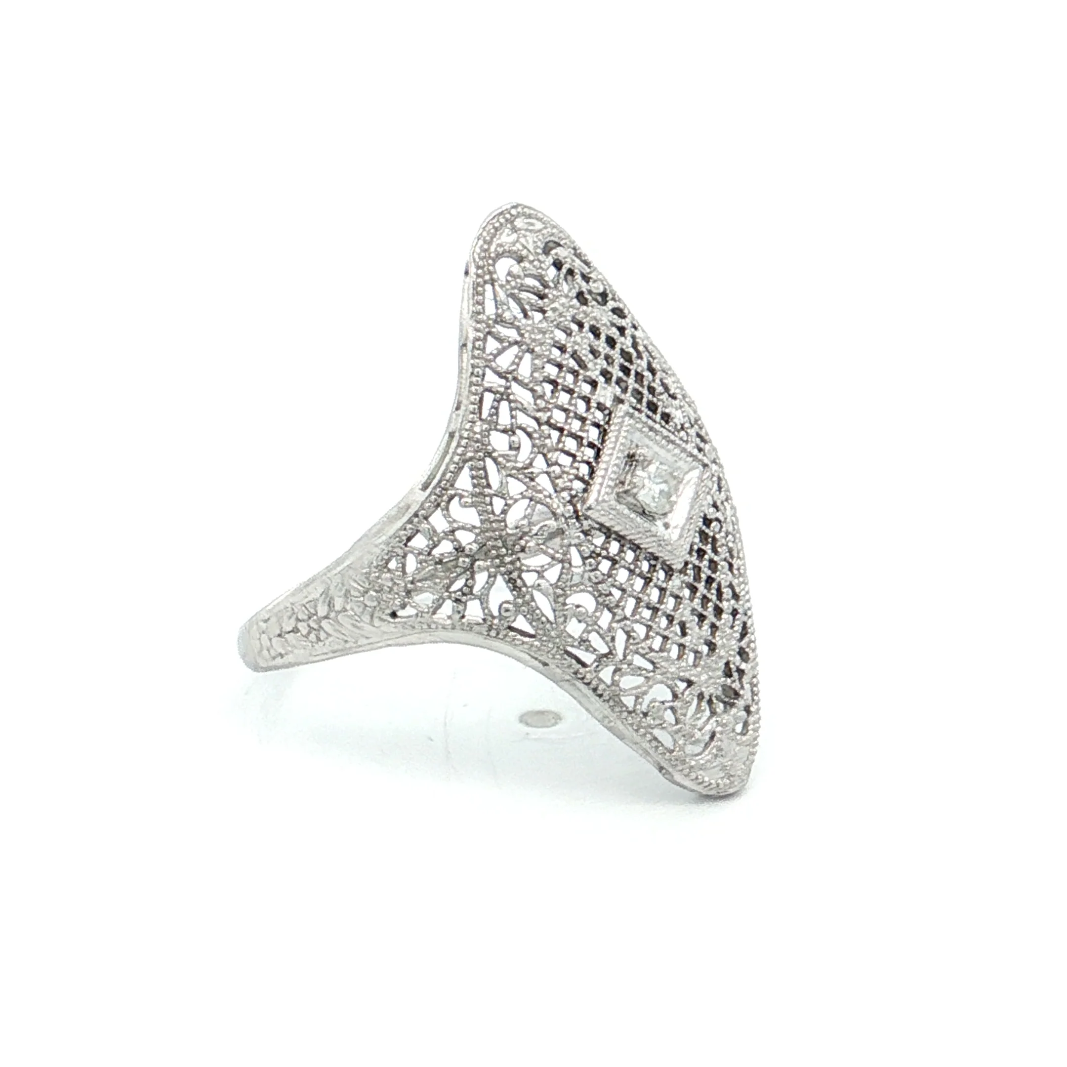 .04 Vintage Art Deco Diamond Filigree Cocktail Ring 14k - Image 3