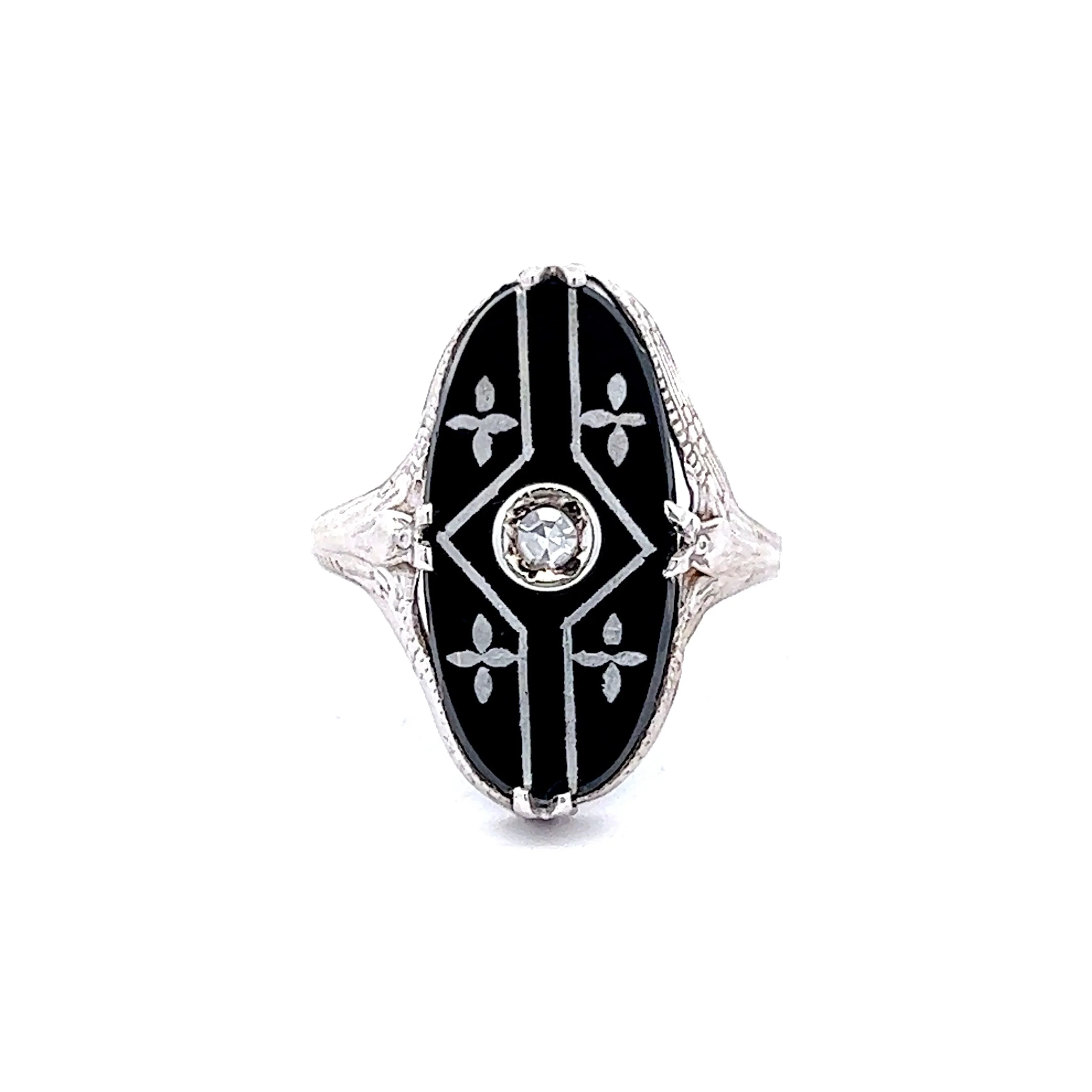 Antique Art Deco Diamond & Onyx Ring in 14k White Gold