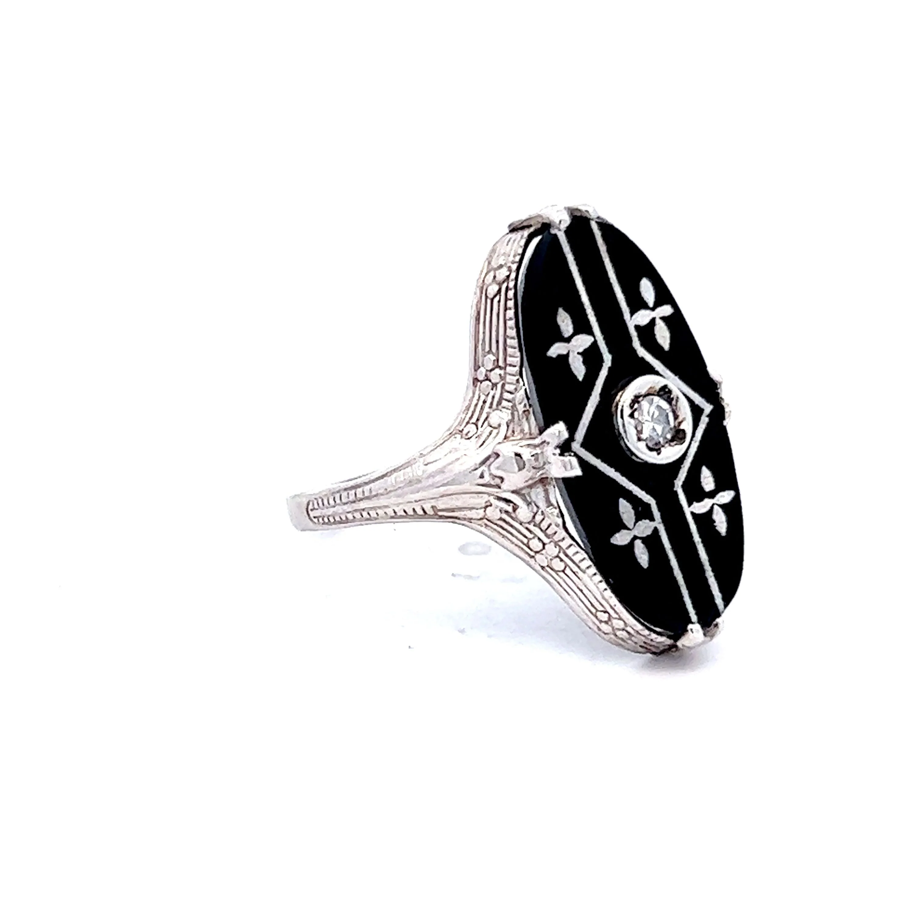 Antique Art Deco Diamond & Onyx Ring in 14k White Gold - Image 3