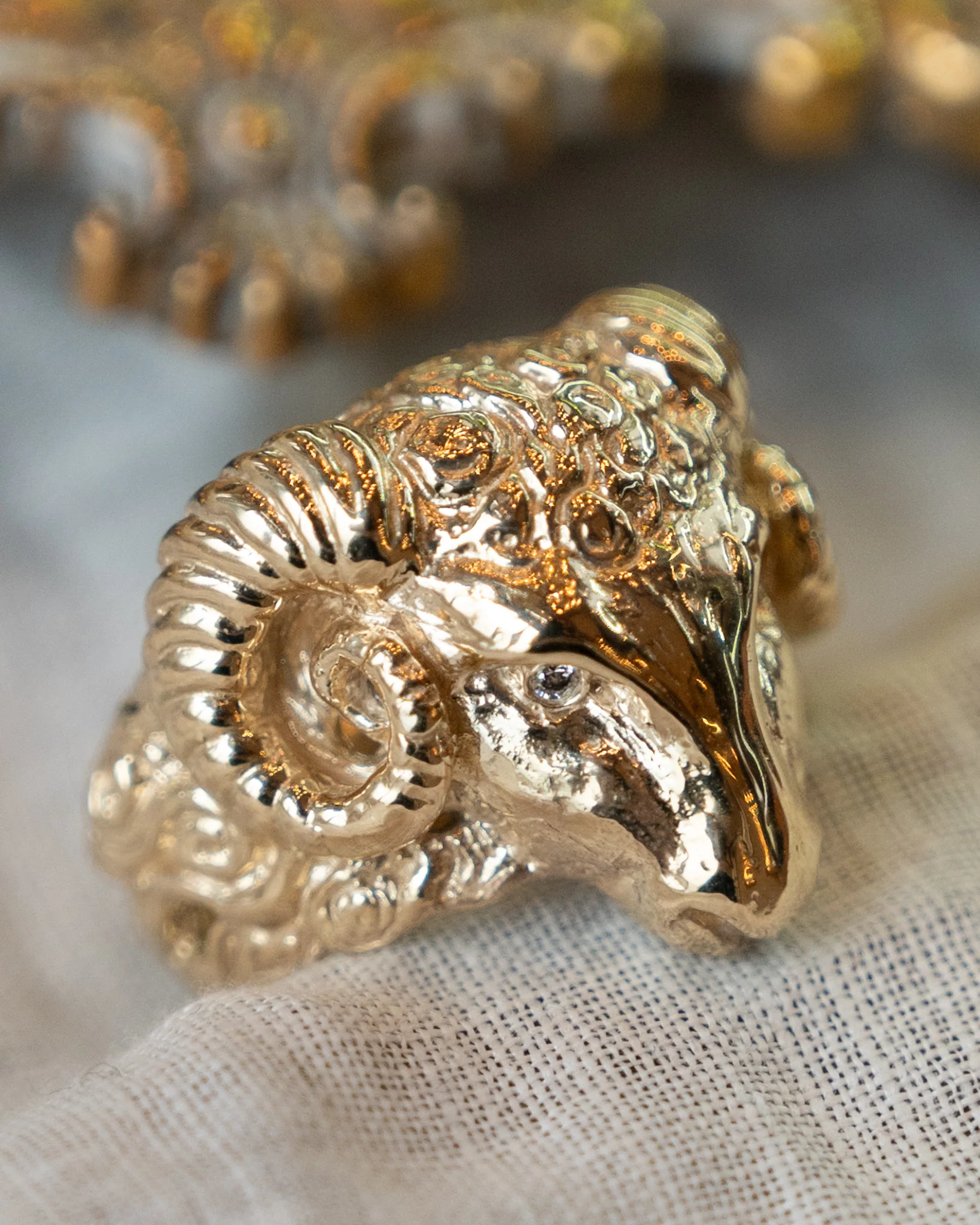 .06 Men's Vintage Rams Head Ring in 14k Yellow Gold - Image 7