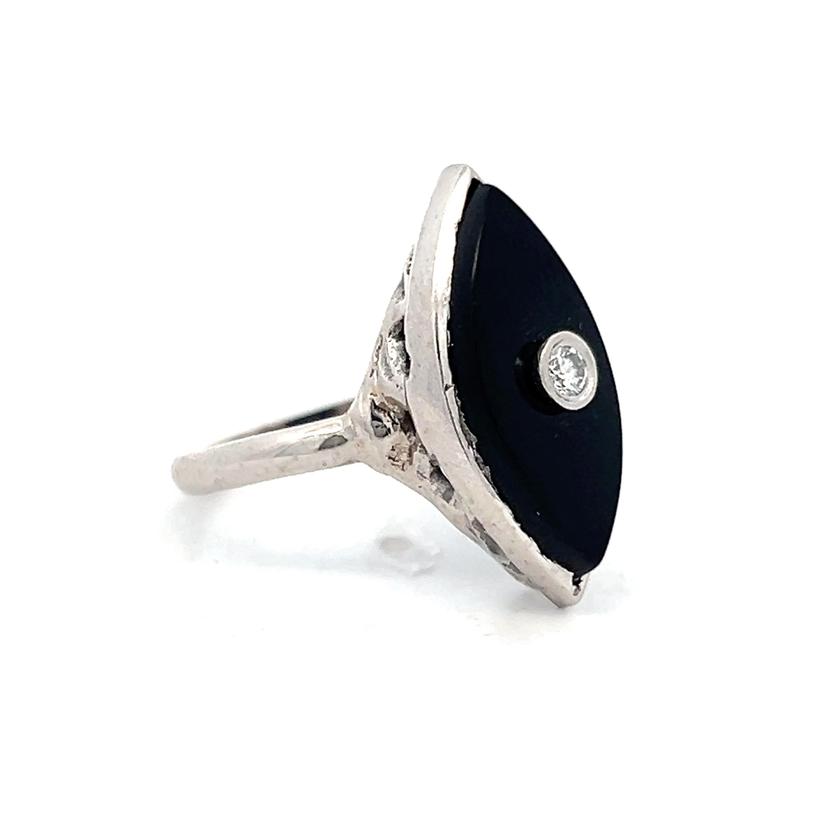.06 Onyx & Diamond Navette Ring in 14k White Gold - Image 3