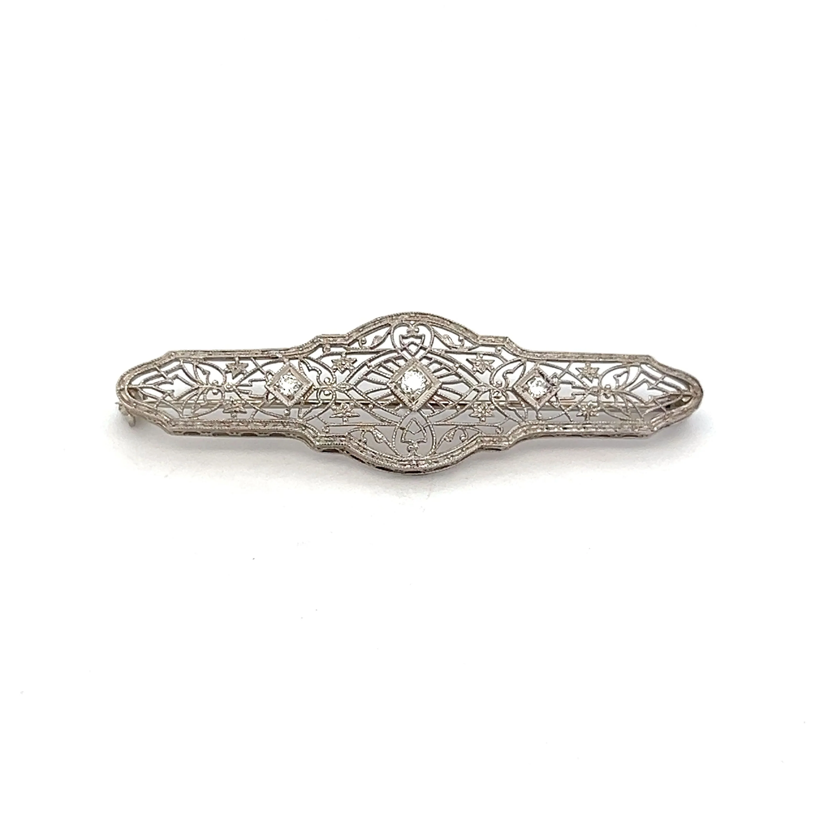 .08 Vintage Diamond Filigree Brooch in 14k White Gold