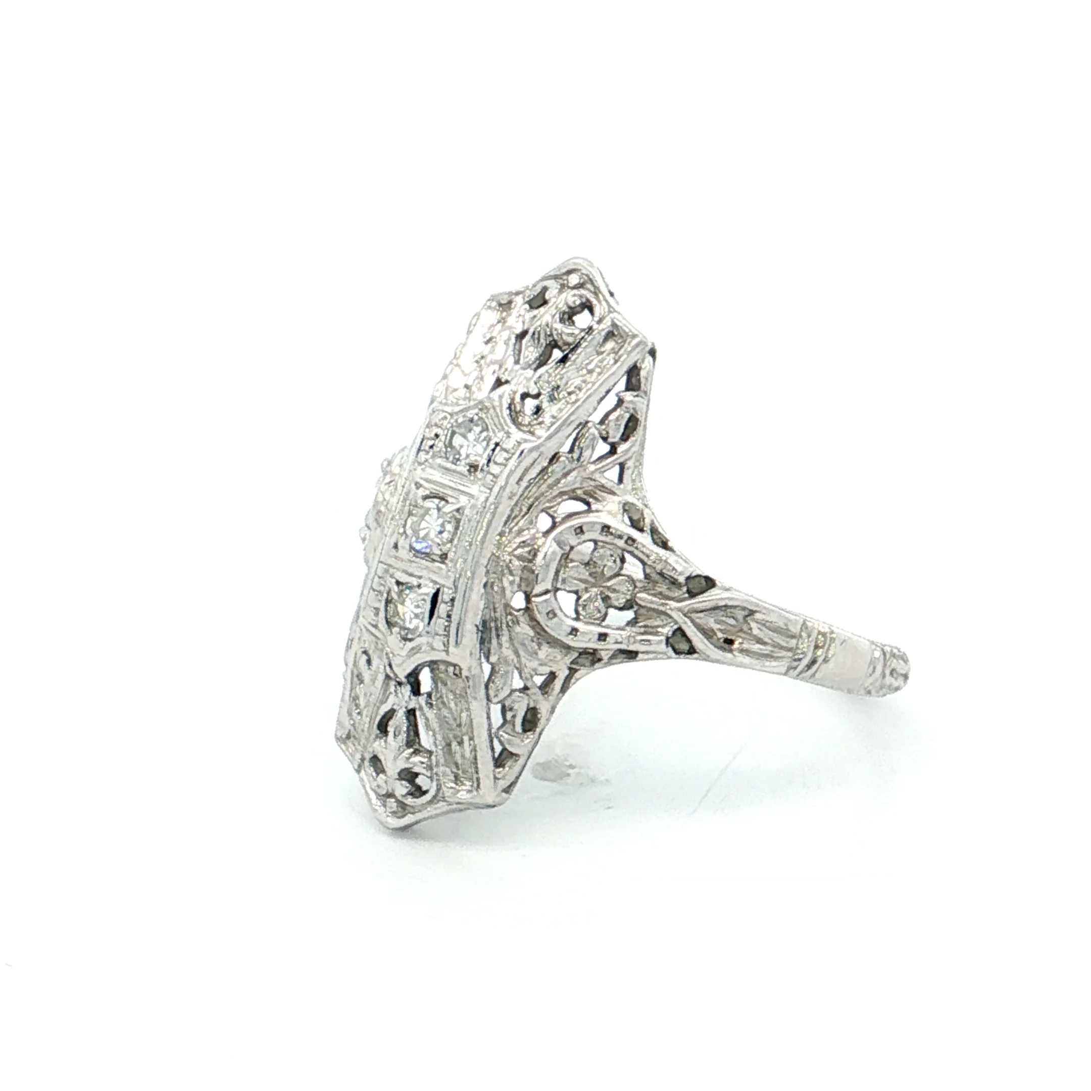 .09 Art Deco Filigree Navette Cocktail Ring 18k White Gold - Image 2