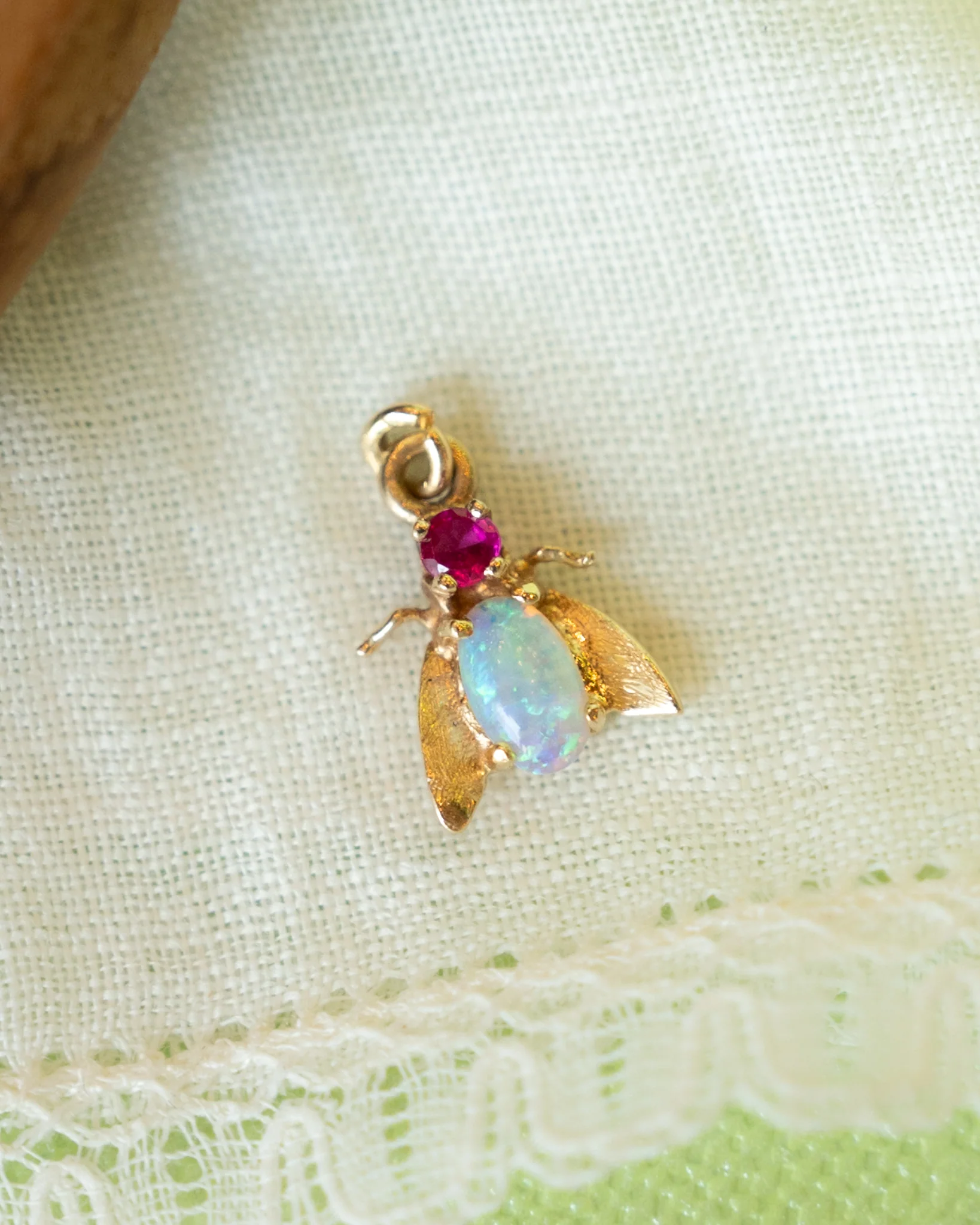 .09 Ruby & Opal Insect Charm in 14k Yellow Gold - Image 3