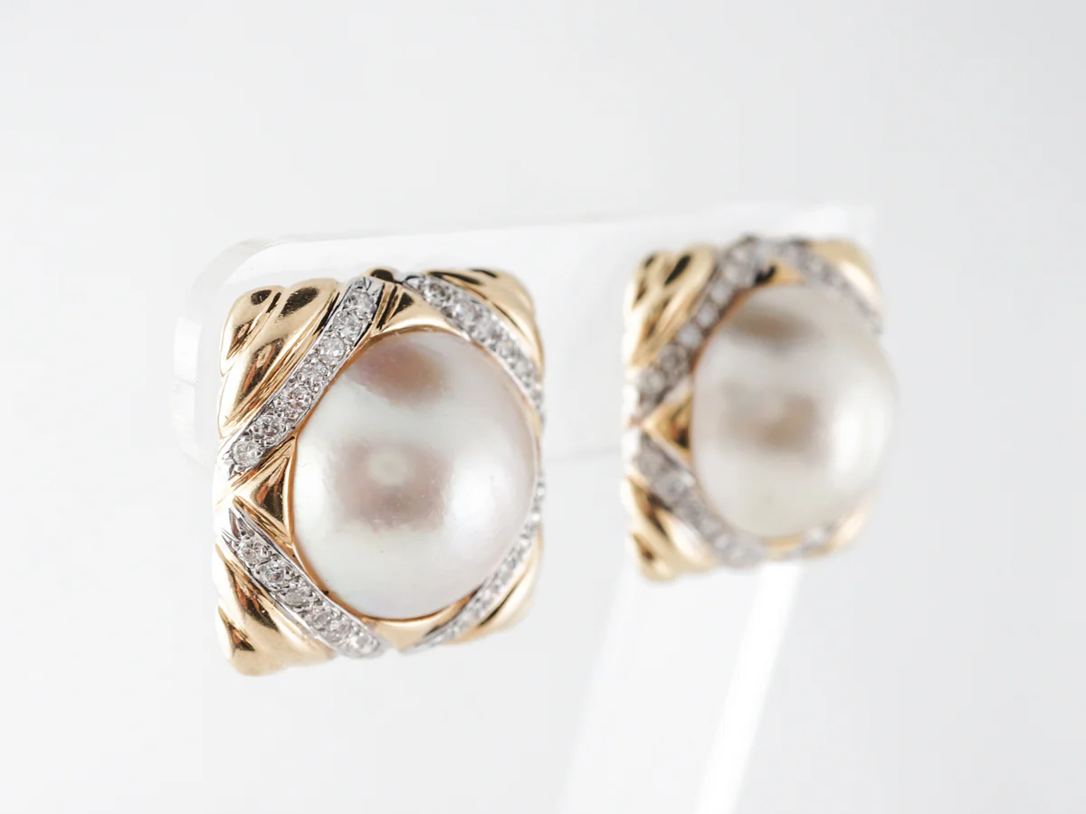 1.00 Carat Diamond & Pearl Earrings in Yellow Gold - Image 3