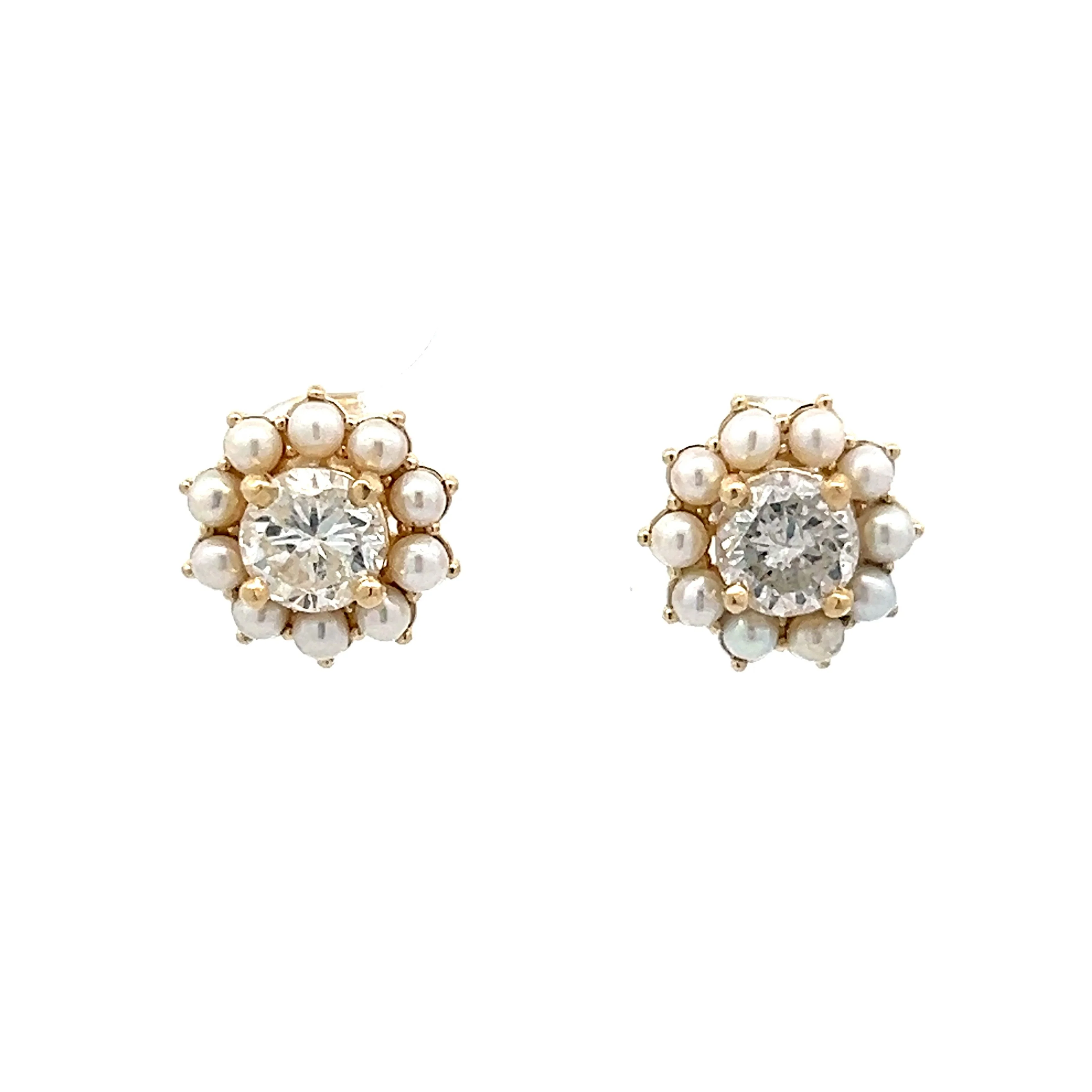 1.00 Round Diamond & Pearl Stud Earrings in 14k