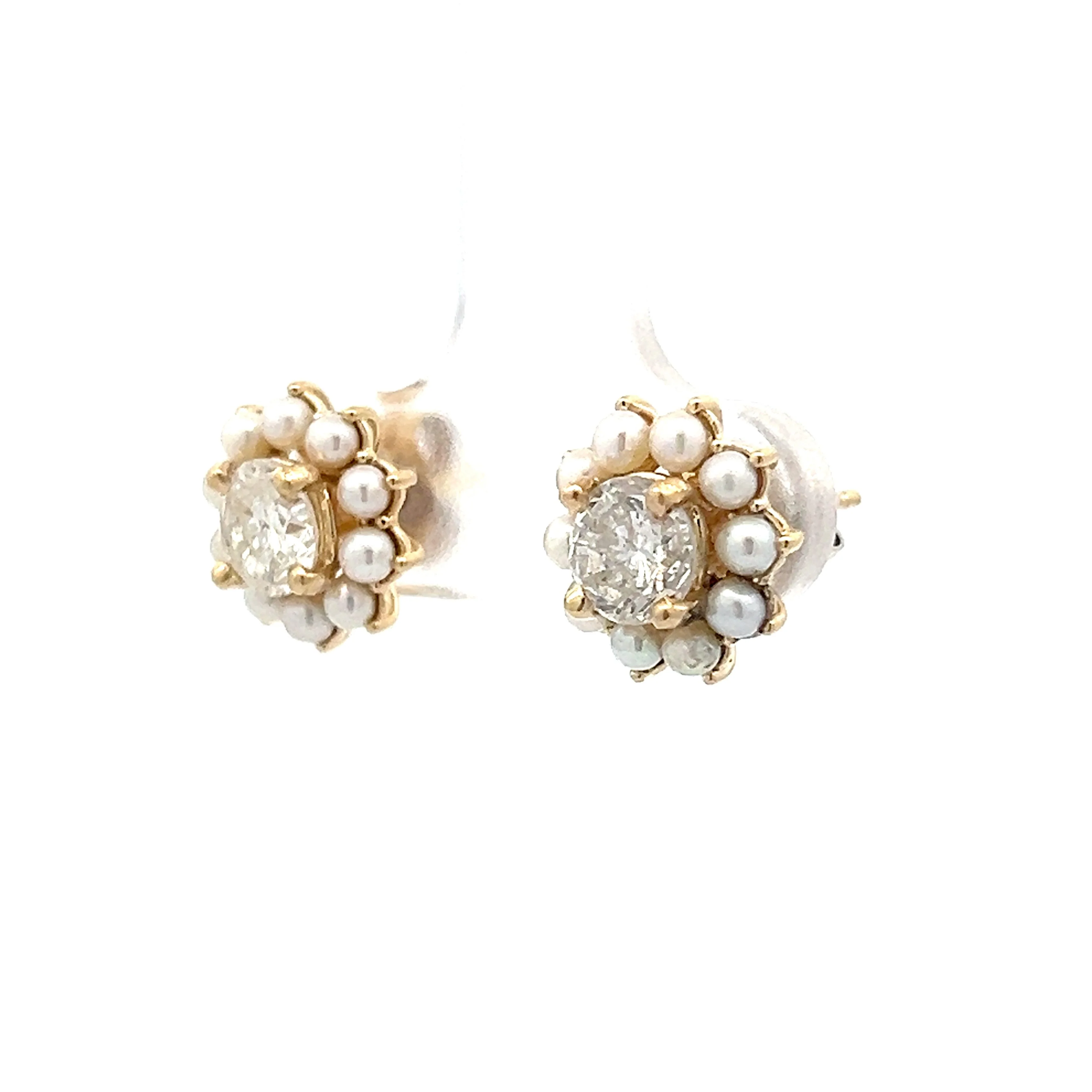 1.00 Round Diamond & Pearl Stud Earrings in 14k - Image 2