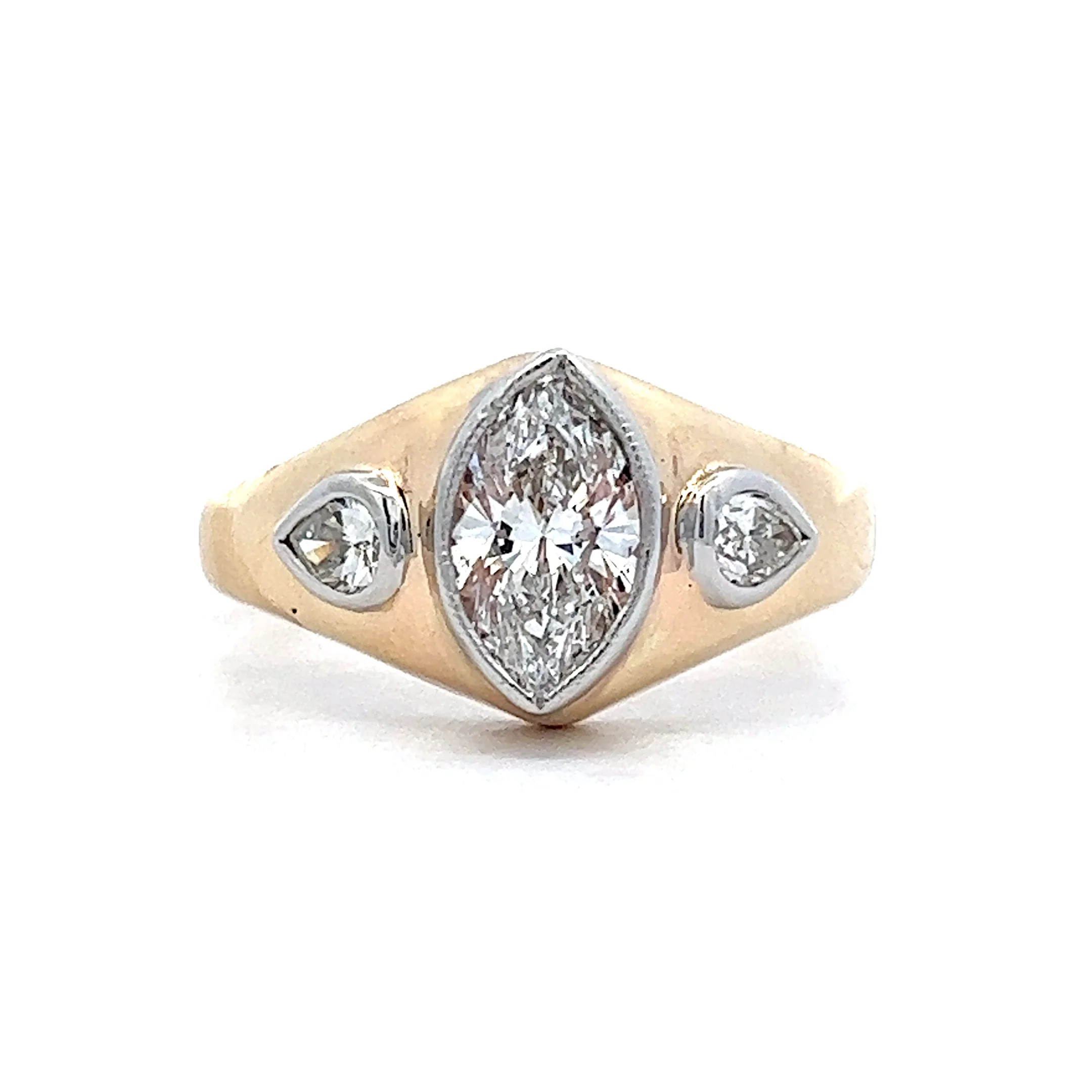 Bezel Set Marquise Three Stone Engagement Ring in 14k Yellow & White Gold