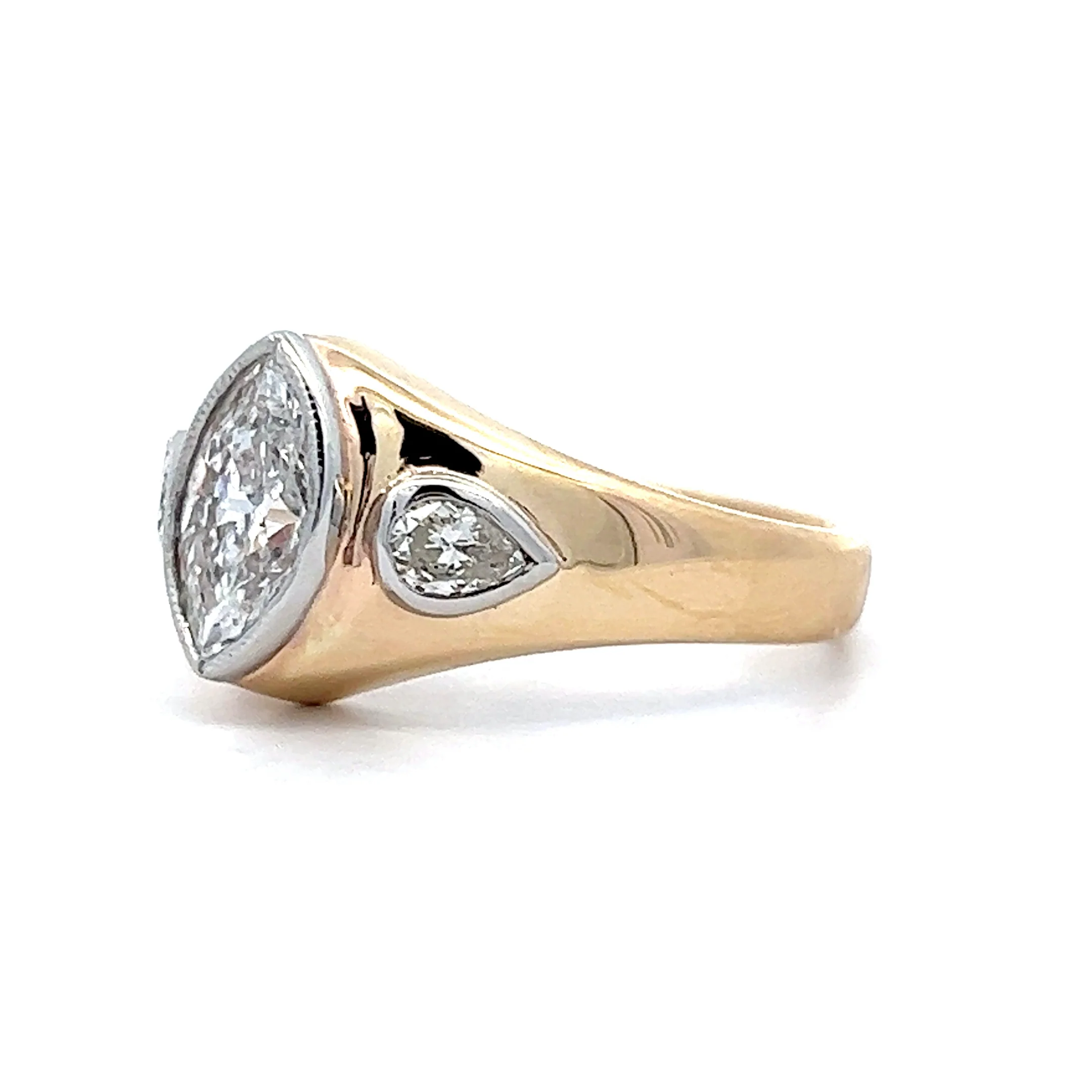 Bezel Set Marquise Three Stone Engagement Ring in 14k Yellow & White Gold - Image 2