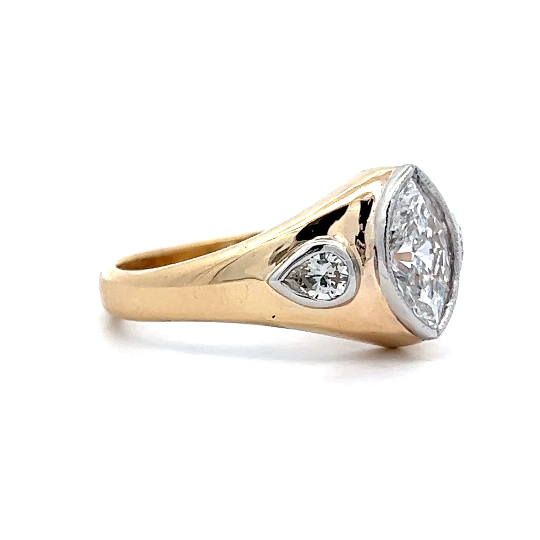 Bezel Set Marquise Three Stone Engagement Ring in 14k Yellow & White Gold - Image 3