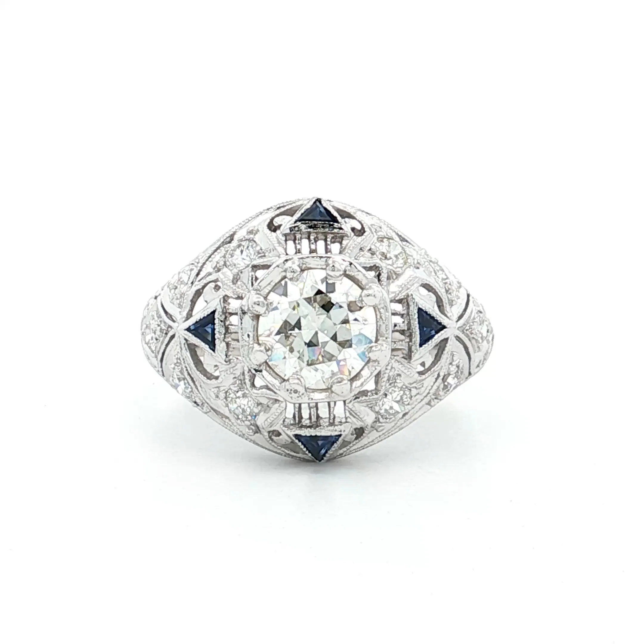 1.03 Art Deco Diamond & Sapphire Engagement Ring 14k