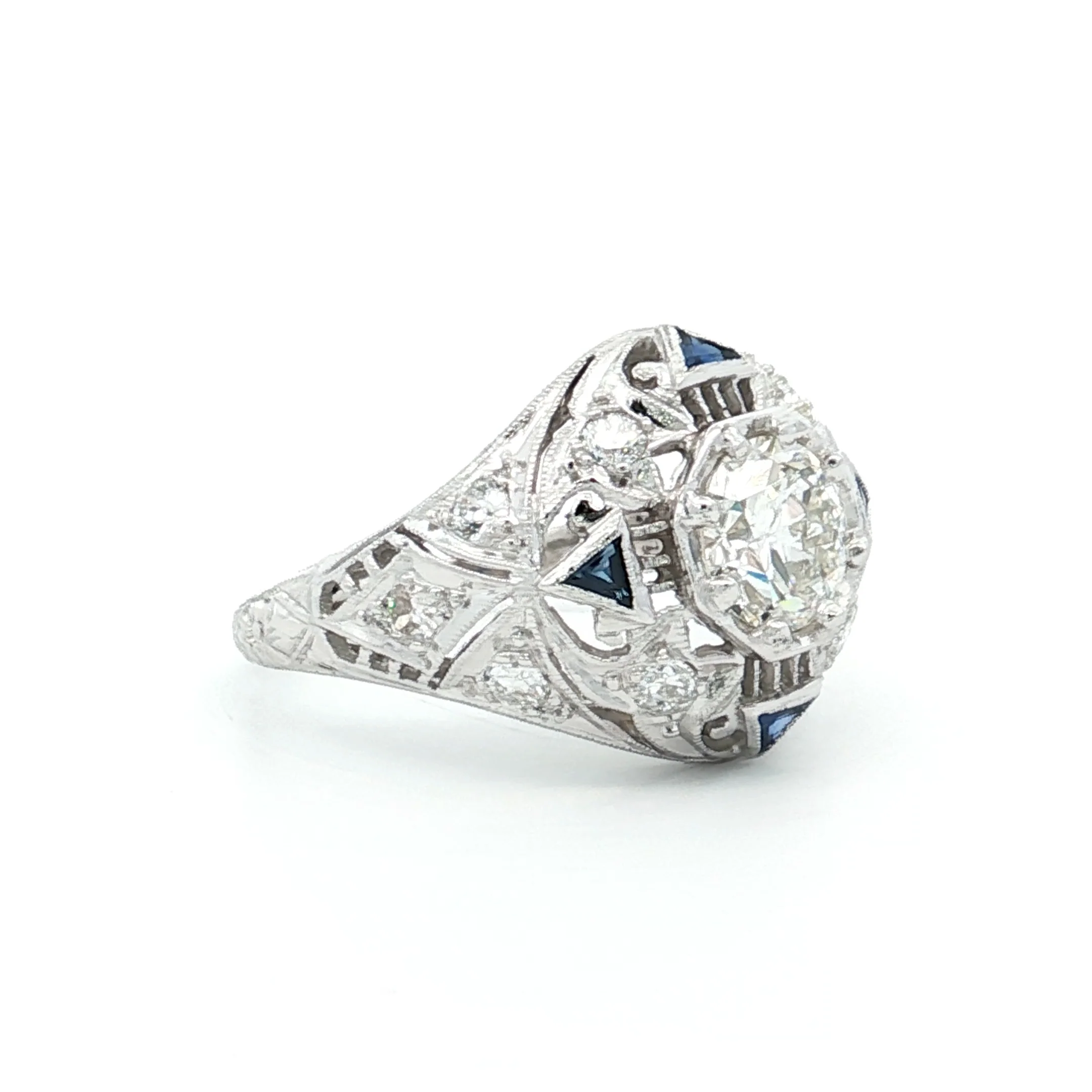 1.03 Art Deco Diamond & Sapphire Engagement Ring 14k - Image 3