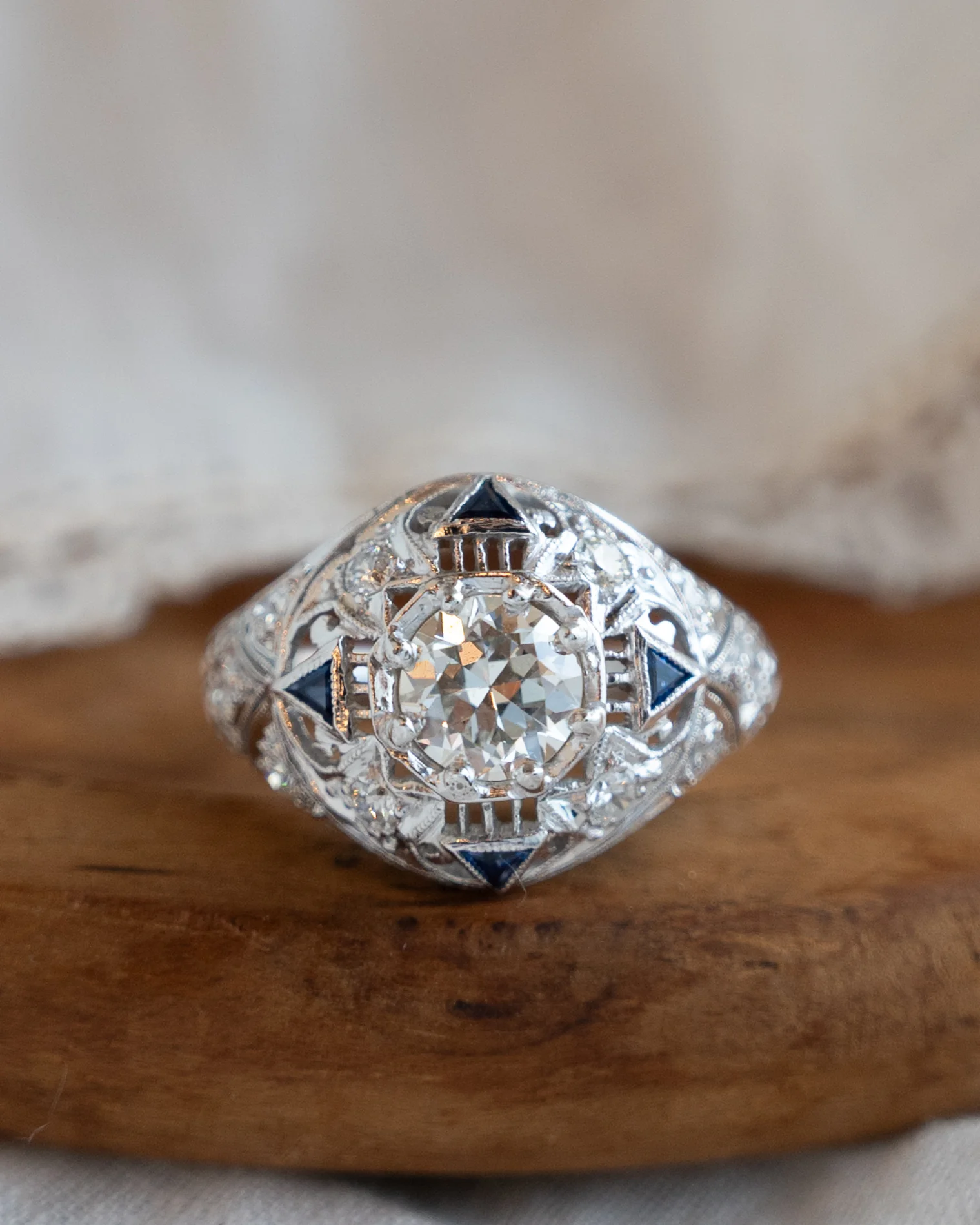 1.03 Art Deco Diamond & Sapphire Engagement Ring 14k - Image 6
