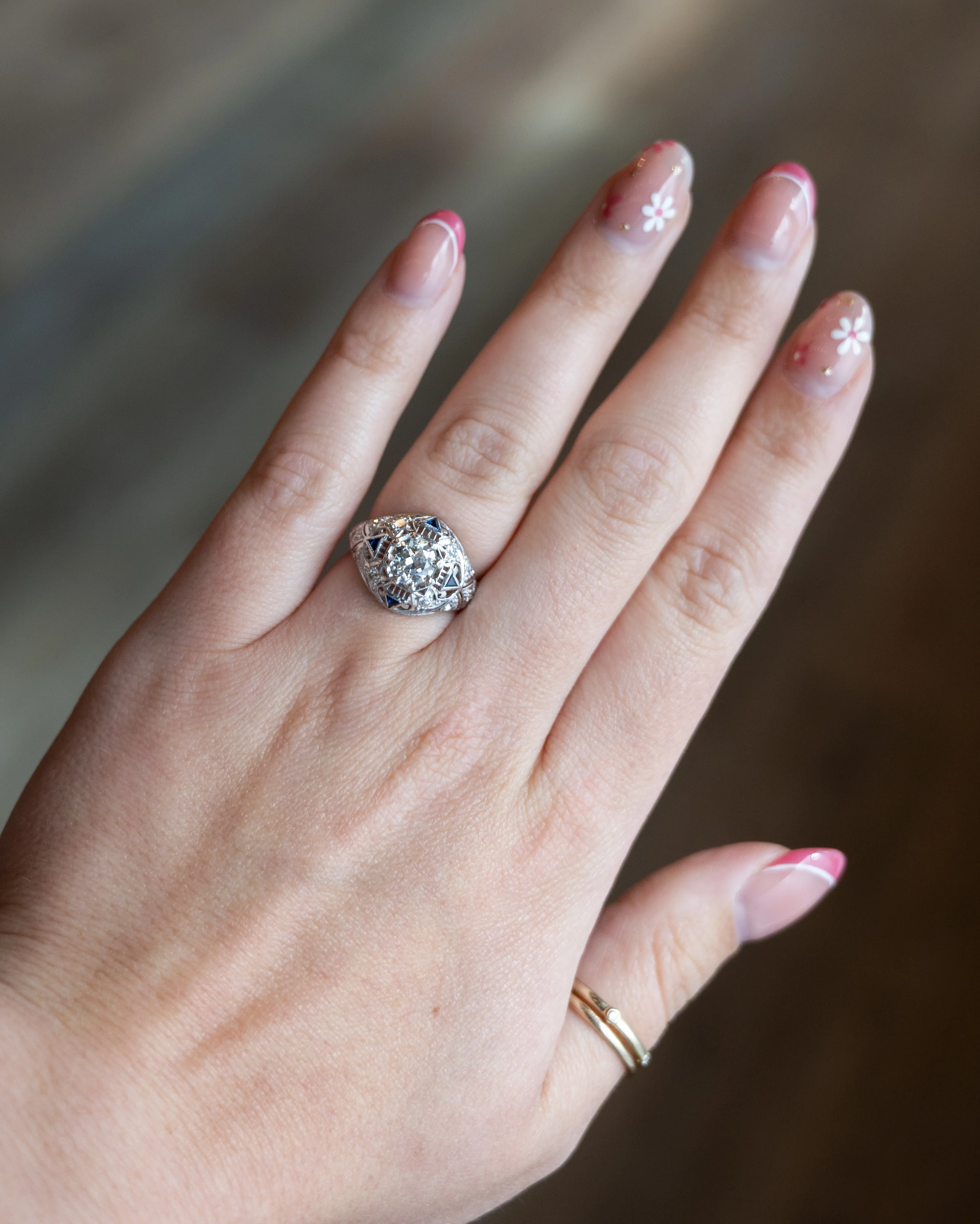 1.03 Art Deco Diamond & Sapphire Engagement Ring 14k - Image 7