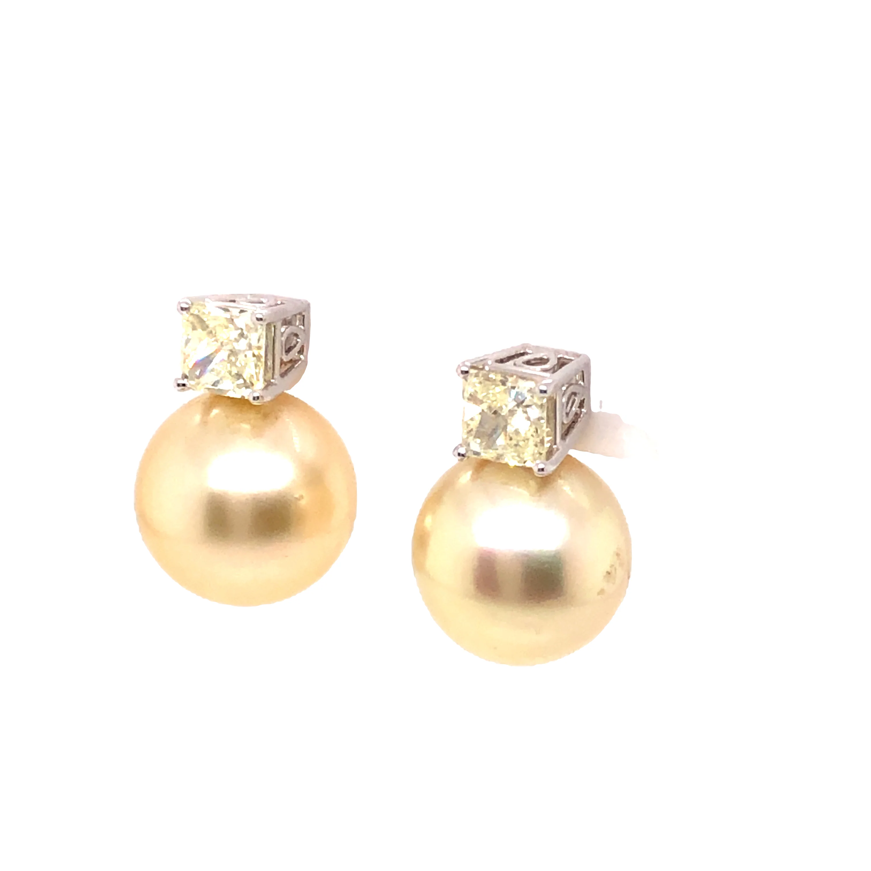 1.04 Fancy Light Yellow Diamond & Pearl Earrings in Platinum - Image 2