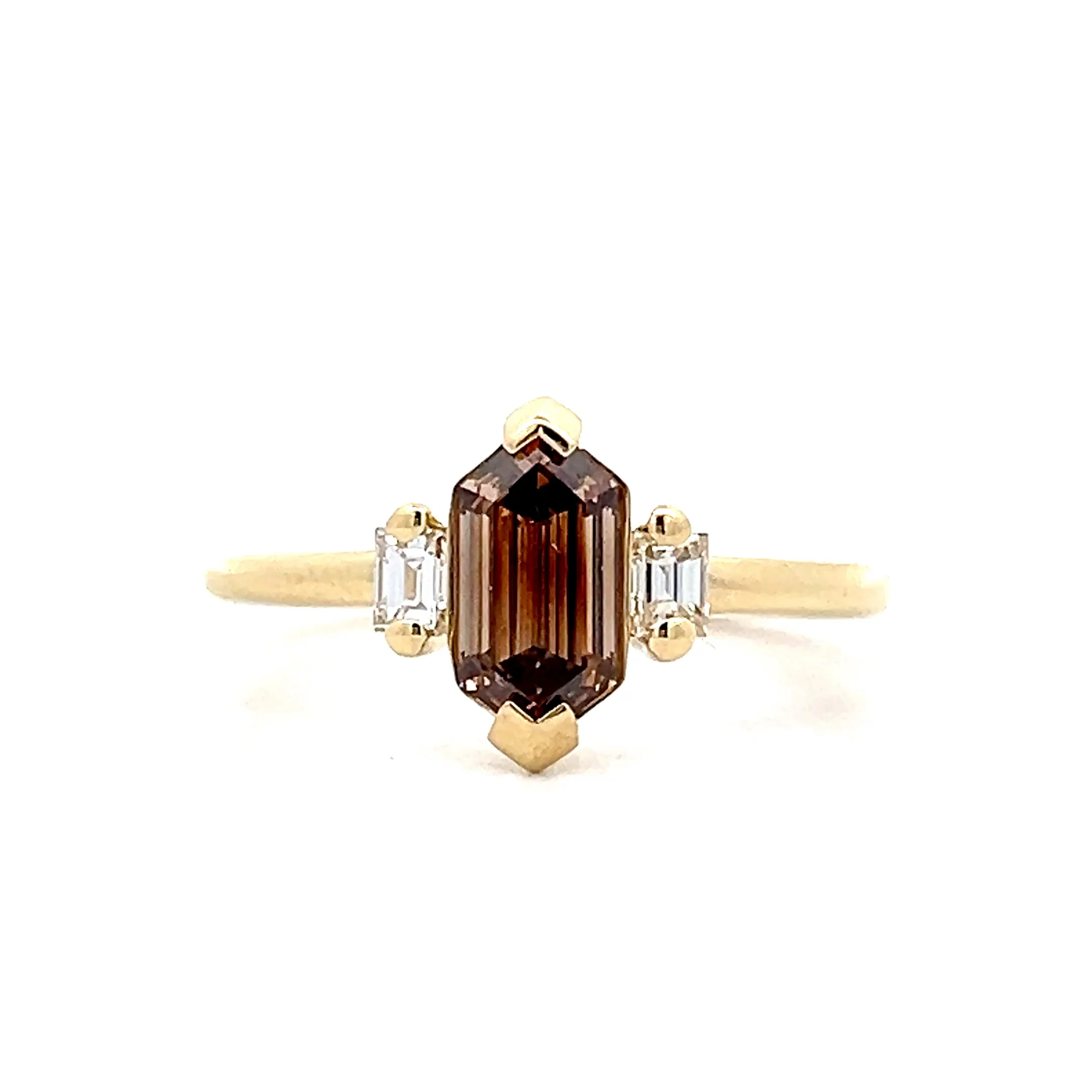 1.05 Hexagon Three Stone Engagement Ring in 14k