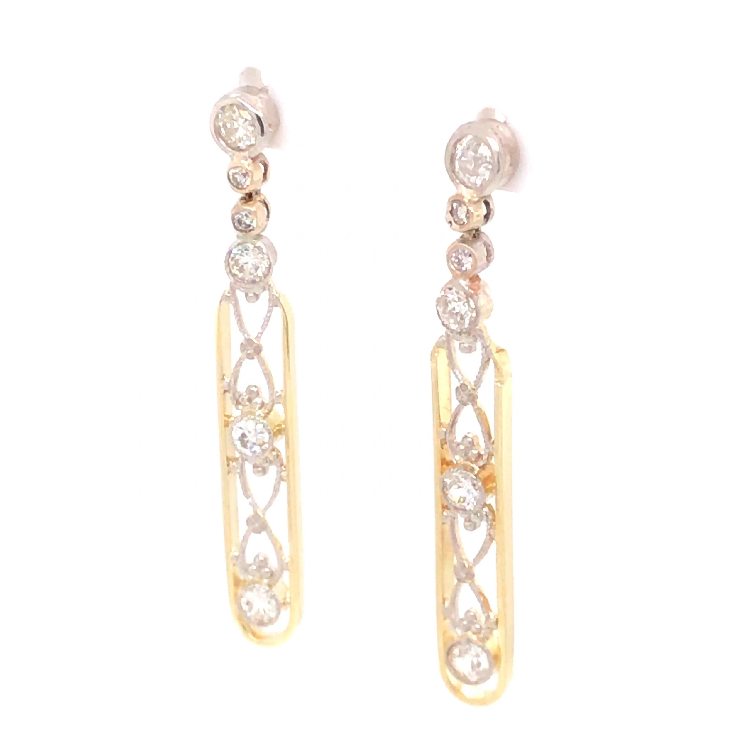 1.14 Art Deco Diamond Earrings in 14k Yellow Gold and Platinum - Image 2
