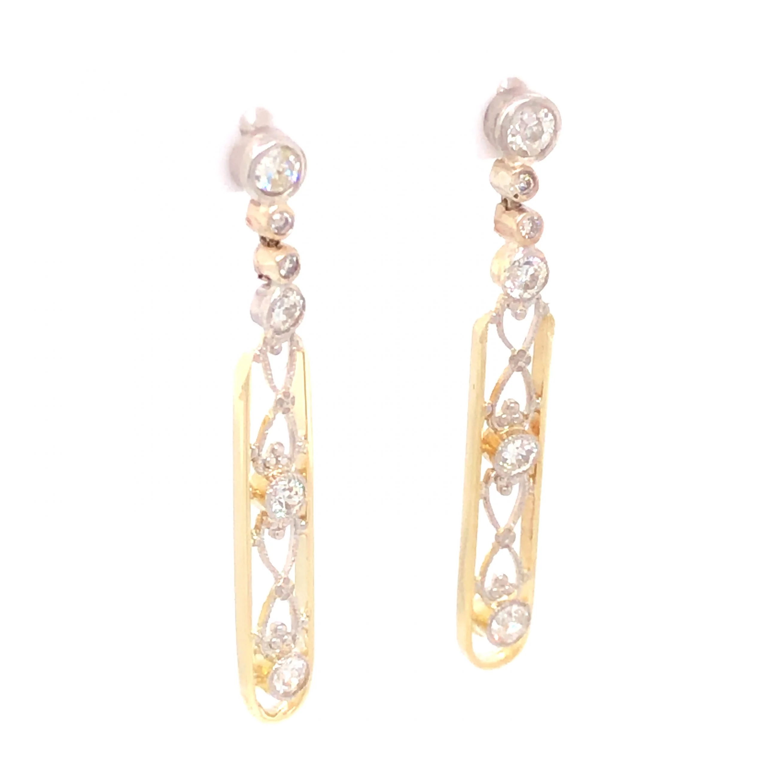 1.14 Art Deco Diamond Earrings in 14k Yellow Gold and Platinum - Image 3