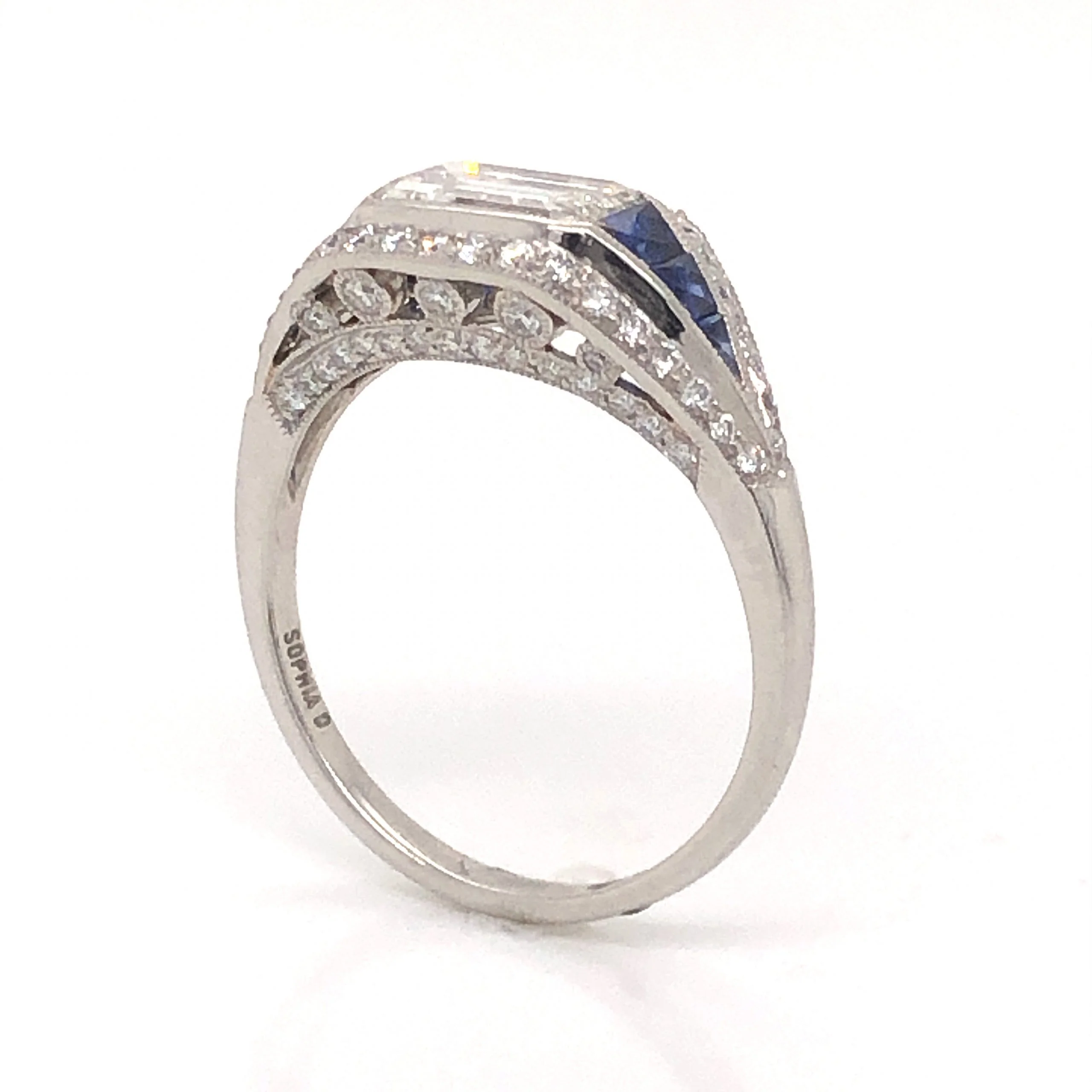 1.14 Emerald Cut Diamond & Sapphire Ring in Platinum - Image 4