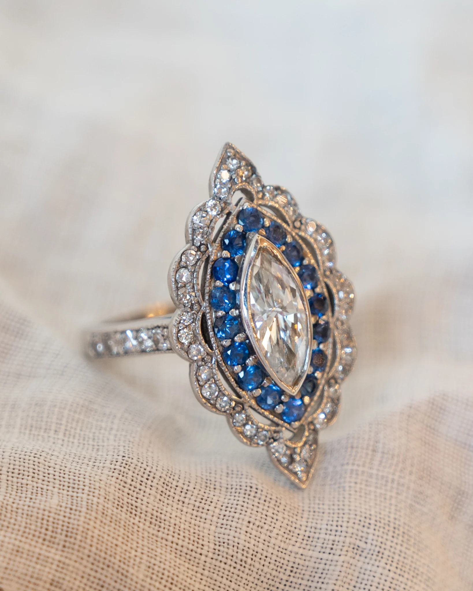 1.15 Marquise & Sapphire Navette Cocktail Ring 14k - Image 7