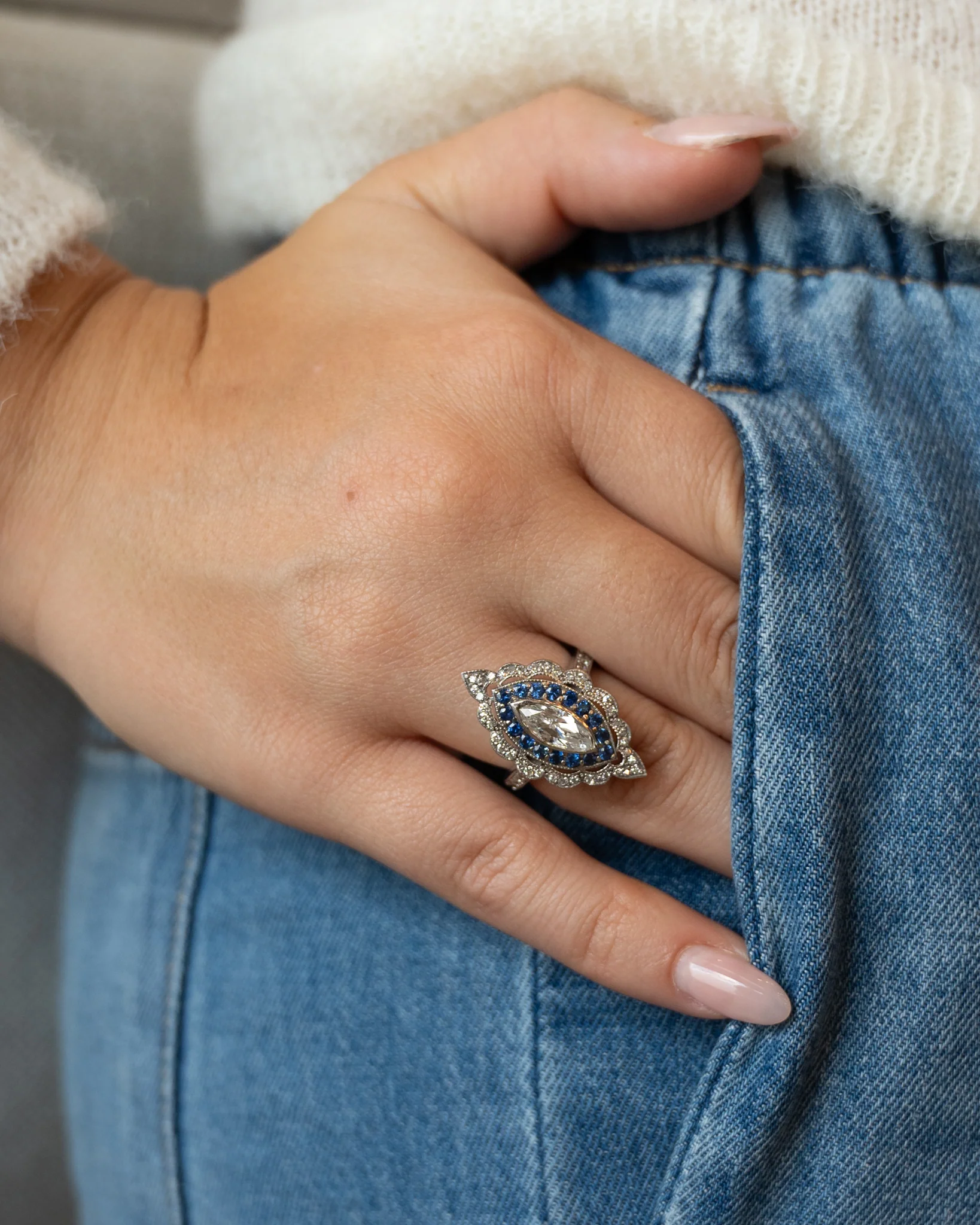 1.15 Marquise & Sapphire Navette Cocktail Ring 14k - Image 8