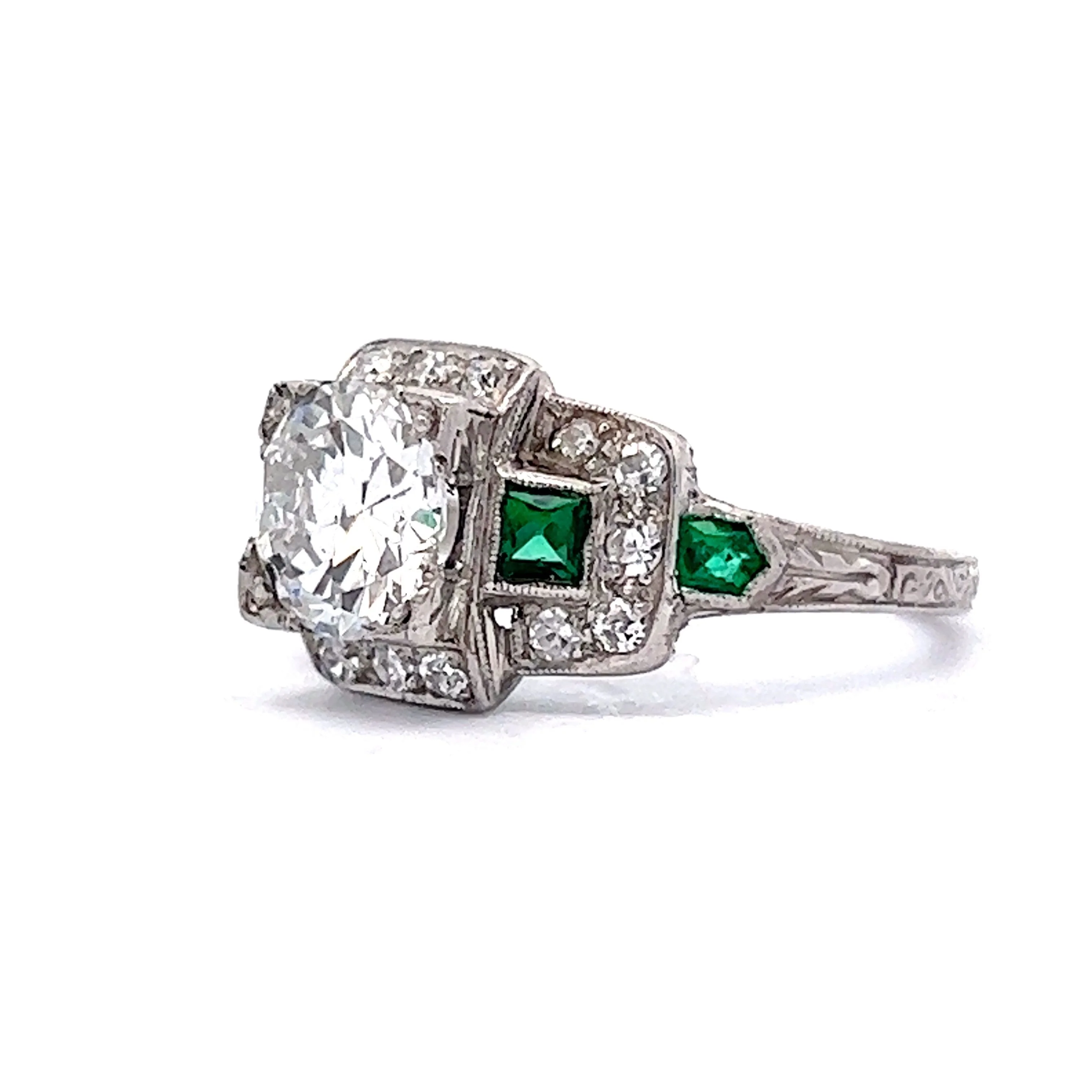 1.30 Art Deco Diamond & Emerald Engagement Ring in Platinum - Image 2