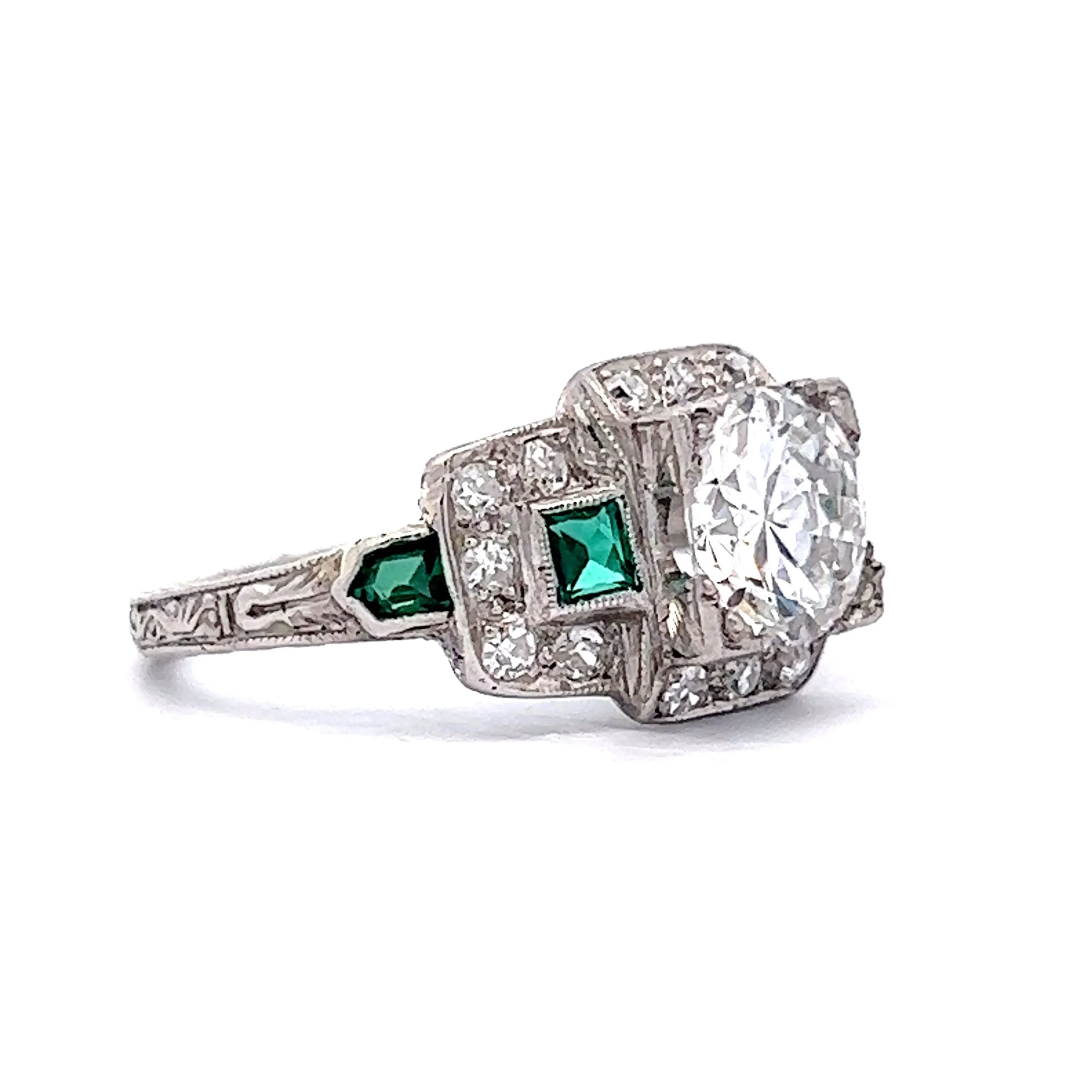 1.30 Art Deco Diamond & Emerald Engagement Ring in Platinum - Image 3