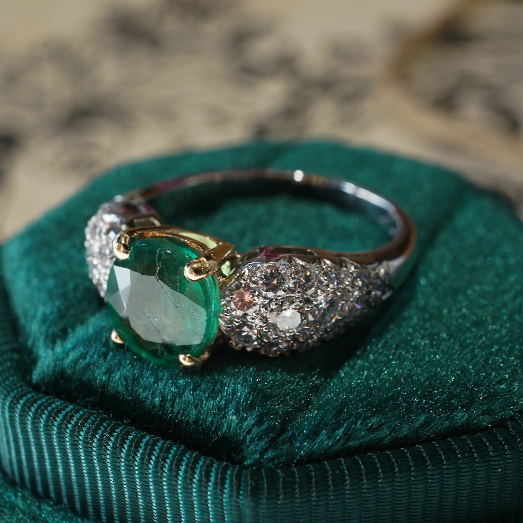1.39 Oval Cut Emerald & Pave Diamond Ring in Platinum & 14k - Image 6