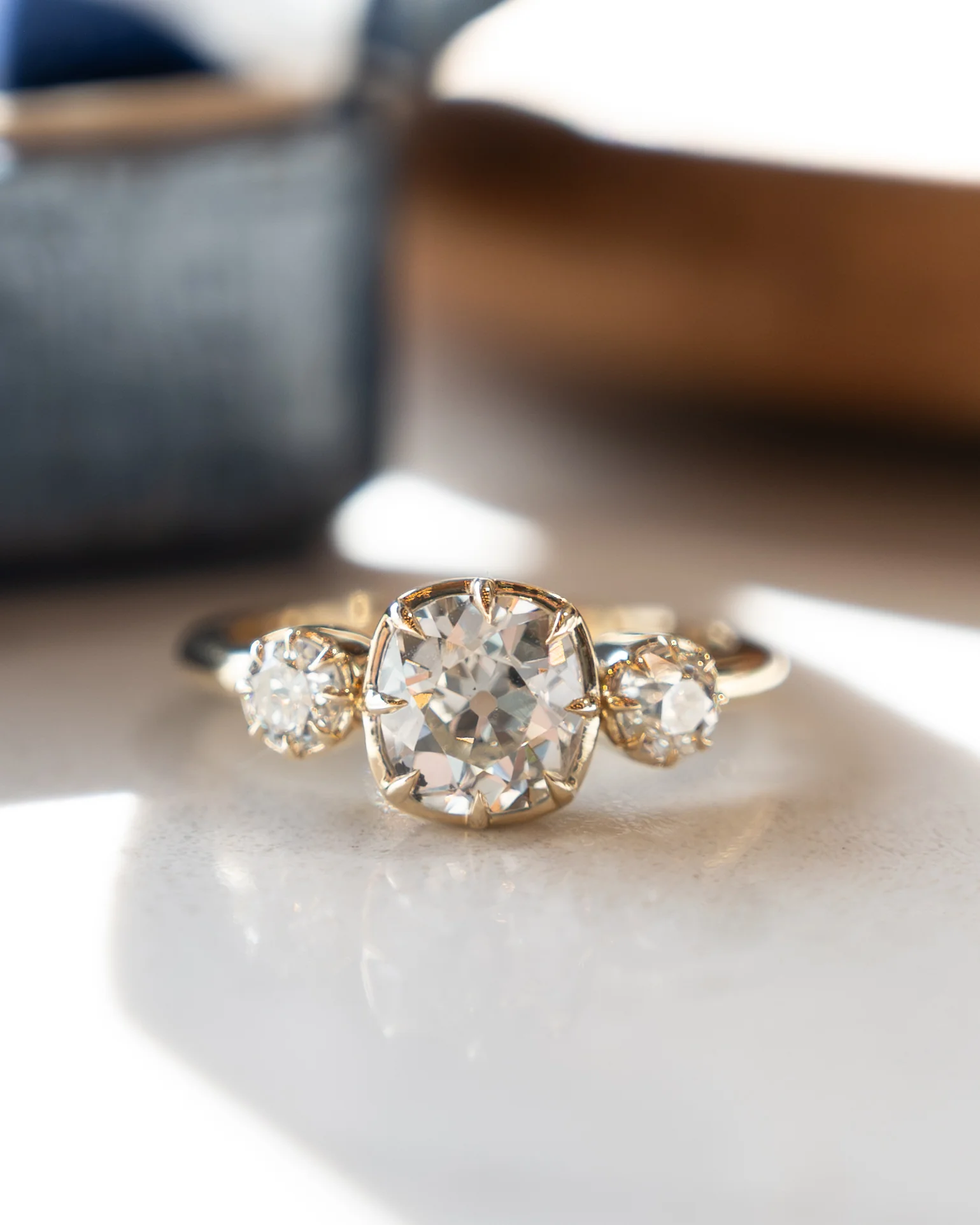 1.47 Old Mine Cushion Diamond Three Stone Ring 14k - Image 6