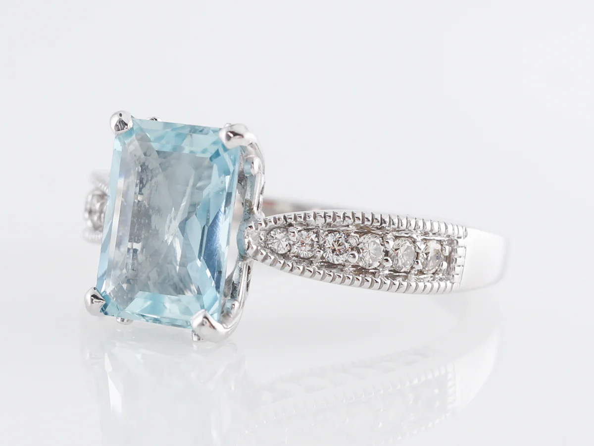 1.49 Emerald Cut Aquamarine w/ Diamonds 14k White Gold - Image 2