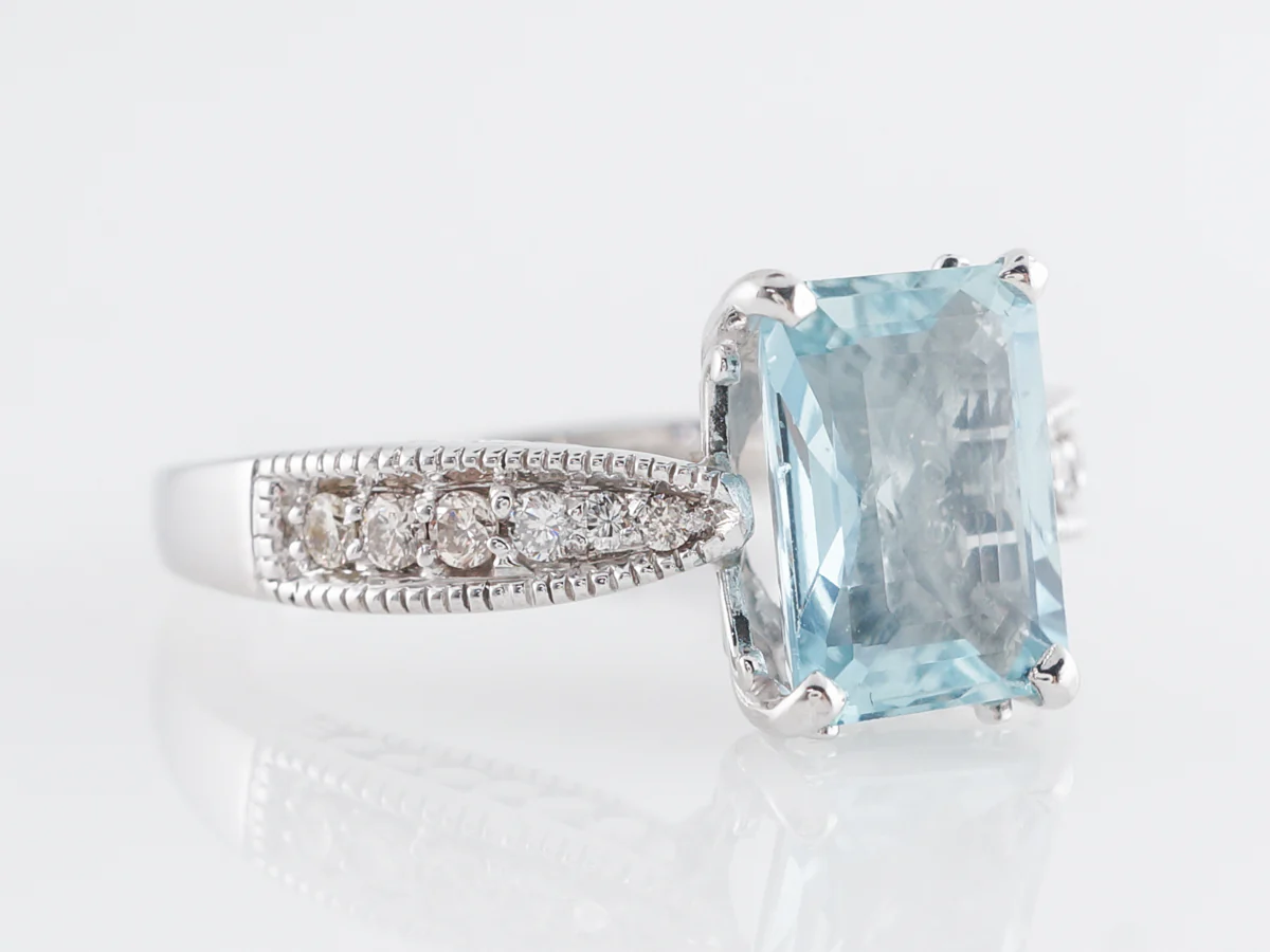 1.49 Emerald Cut Aquamarine w/ Diamonds 14k White Gold - Image 3