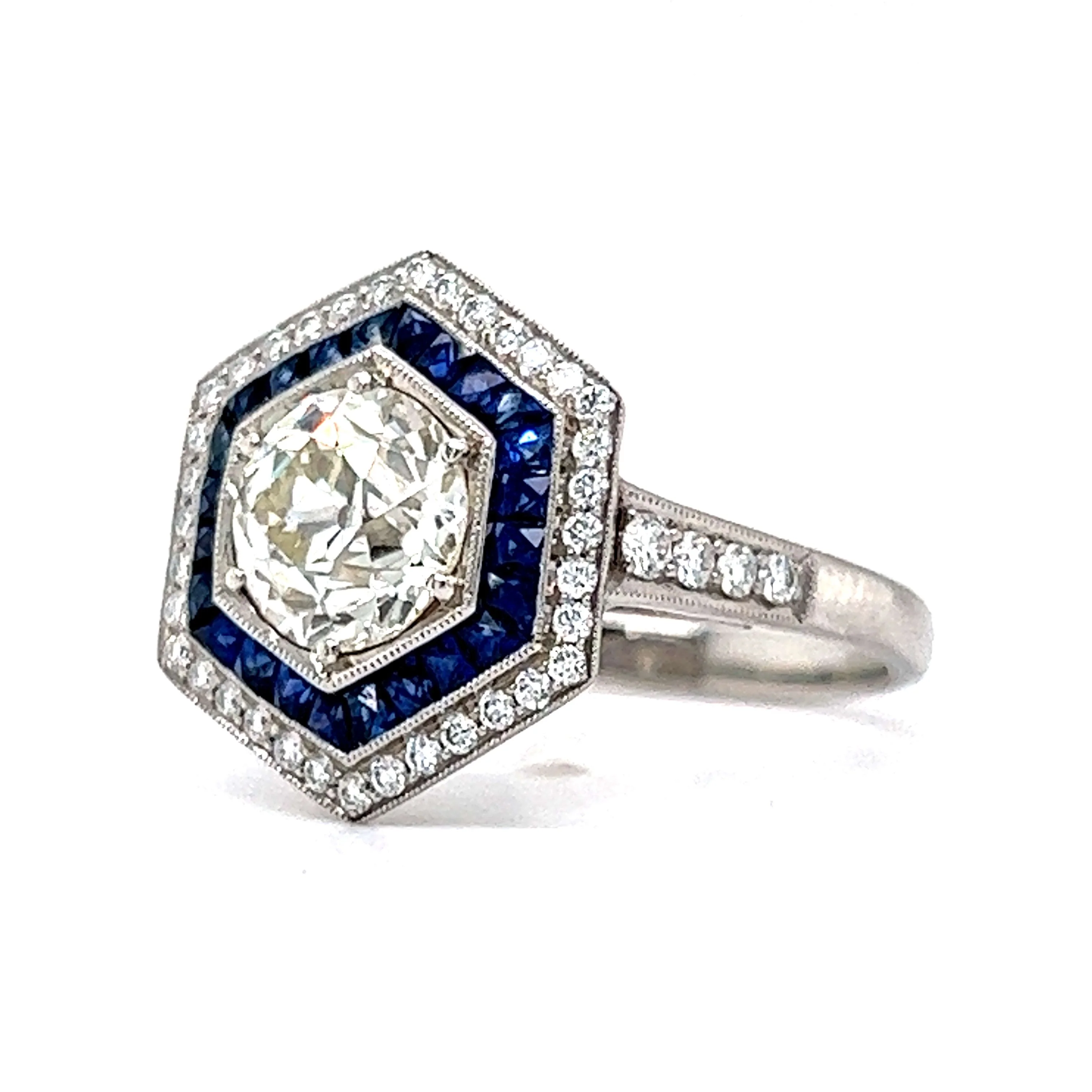 1.51 Hexagon Shaped Diamond & Sapphire Engagement Ring in Platinum - Image 2
