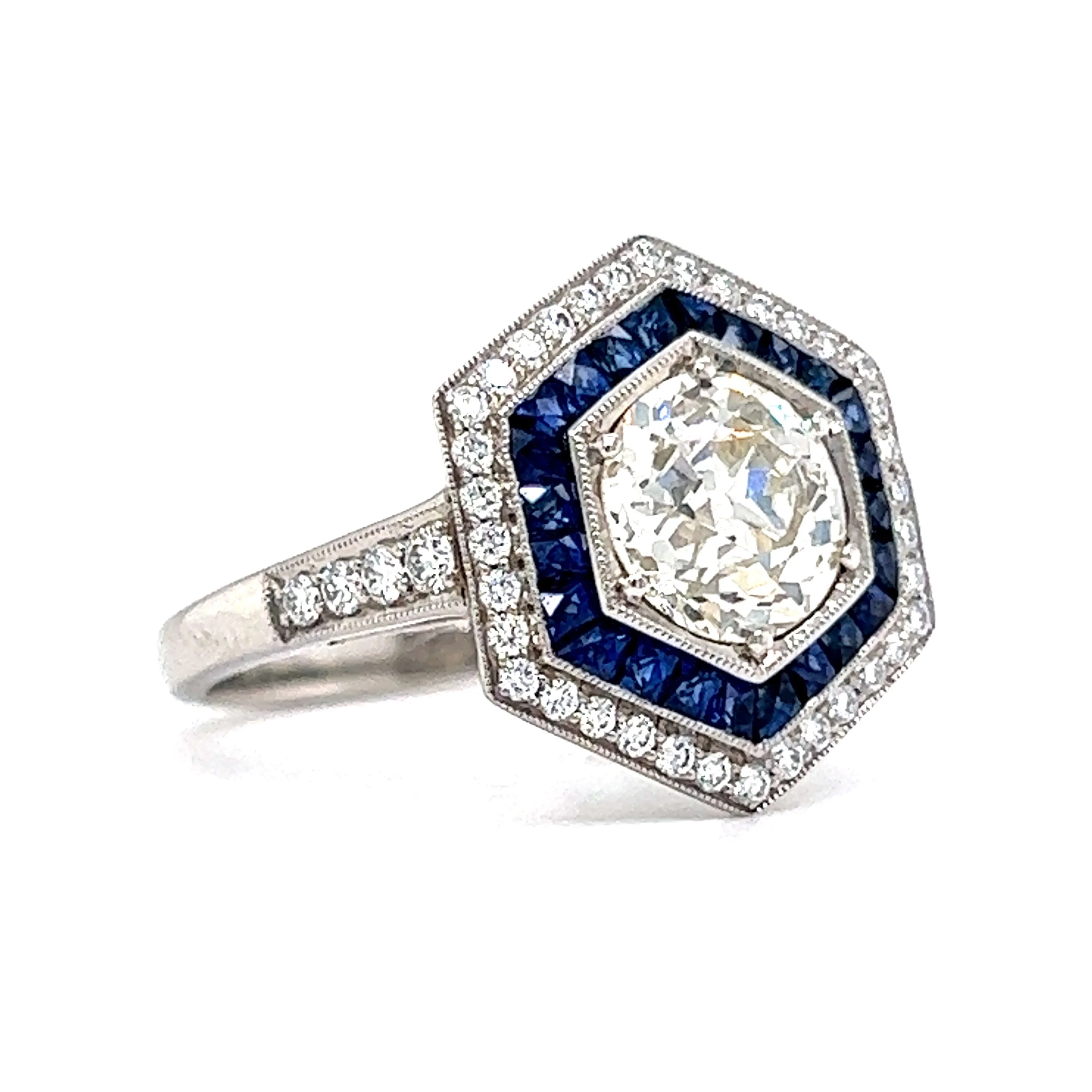 1.51 Hexagon Shaped Diamond & Sapphire Engagement Ring in Platinum - Image 3