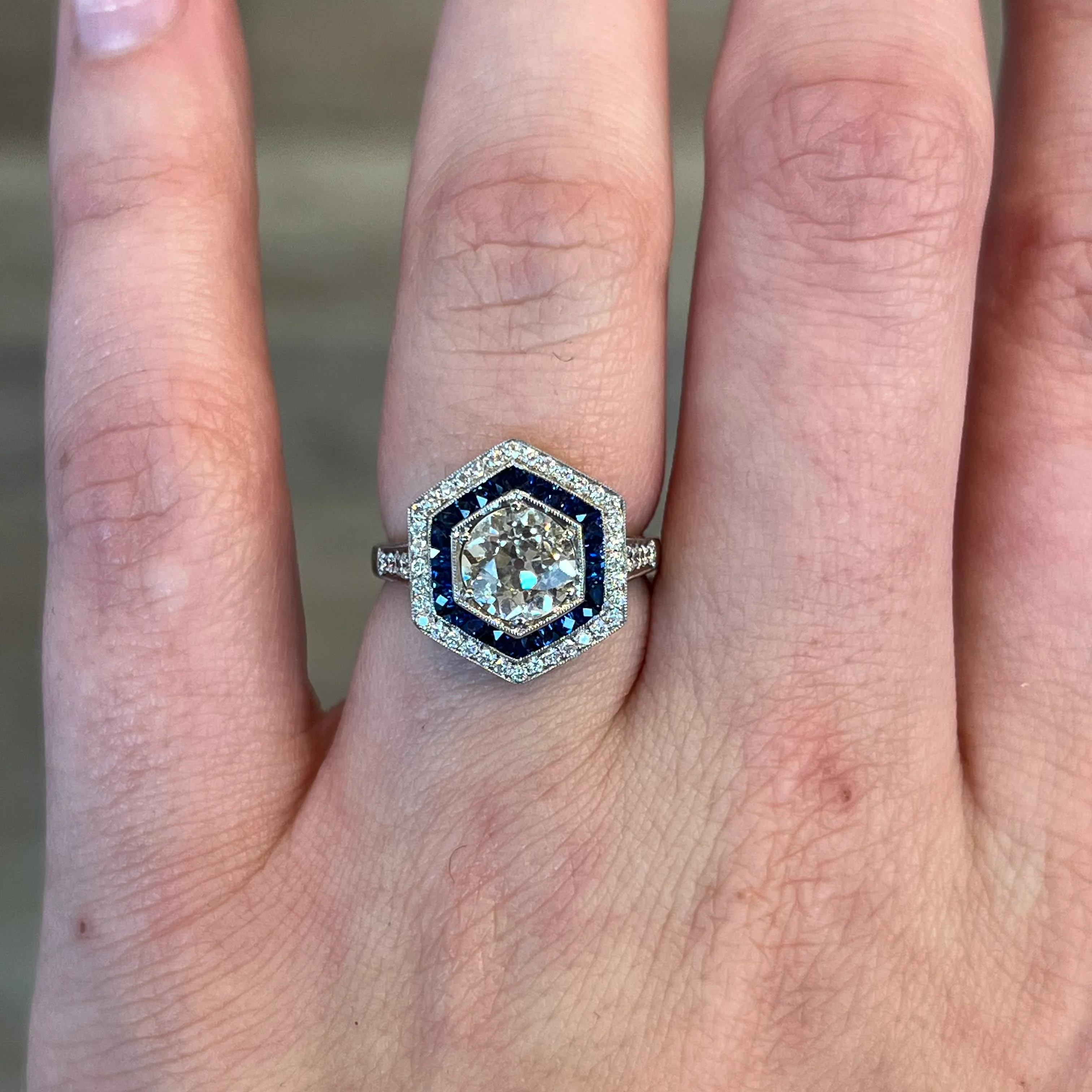 1.51 Hexagon Shaped Diamond & Sapphire Engagement Ring in Platinum - Image 6