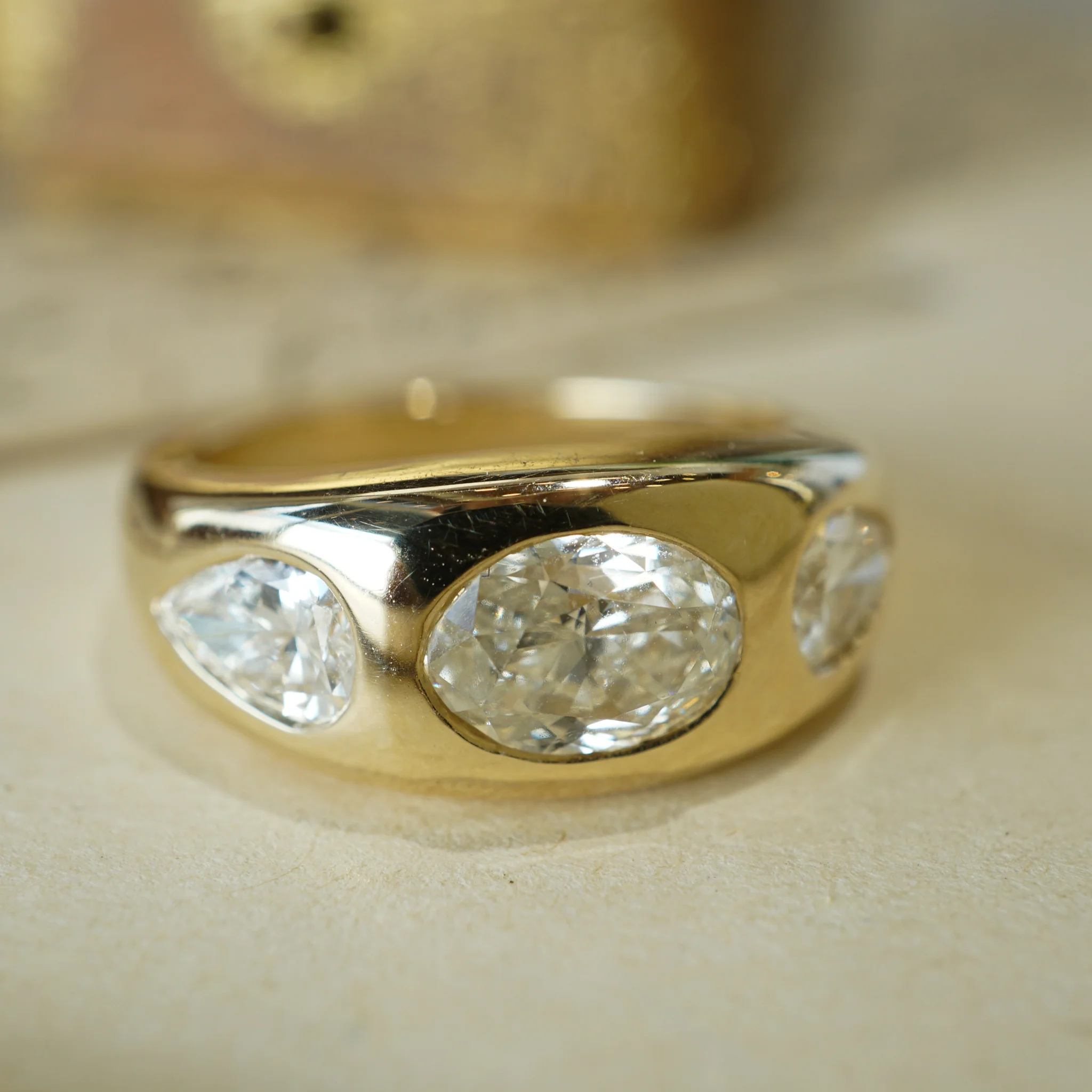 1.51 Three Stone Flush Set Diamond Cocktail Ring 14k Yellow Gold - Image 6
