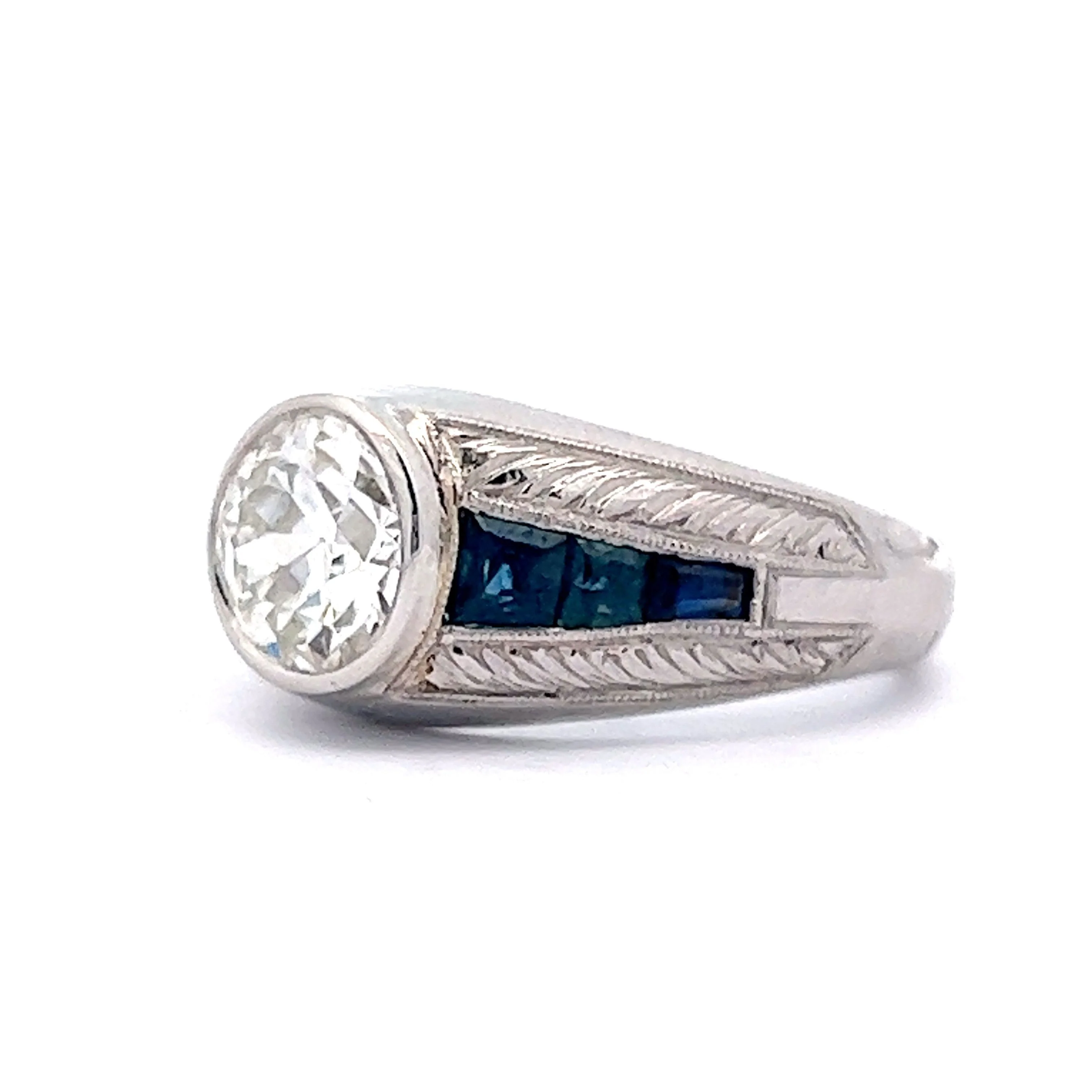 1.60 Bezel Set Diamond & Sapphire Engagement Ring in Platinum - Image 2