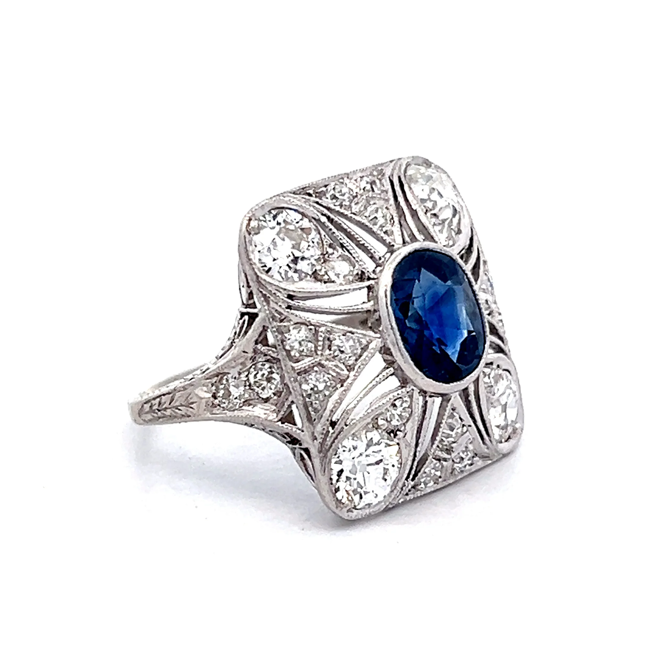 1.67 Vintage Deco Sapphire & Diamond Cocktail Ring in Platinum - Image 3